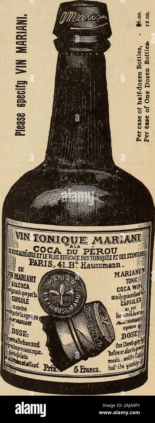 Die medizinischen und chirurgischen Reporter. ons über ihre Unterschriften (in ourpossession) sind vollständig in Einklang andclearly beweisen die Wirksamkeit und meritsof VIN MARIANI, Mai thussummarized werden: DiflFusible Reizmittel und Stärkungsmittel in der Anämie, nervöse Depression, Folgeerscheinungen von childbirthlymphatism, verspäteten Rekonvaleszenz, generalMalaise, und nach verschwenden Fiebern. Besonderer Hinweis auf das Nervensystem, inall krankhafte Zustände, Melancholie usw. Stärkungsmittel im Kehlkopf und Magen complica-, Magen Probleme. Alle Fälle, in denen eine allgemeine Kräftigung und Stärkung des Systems erforderlich ist. Die einzige Tonic Reizmittel • ohne u Stockfoto