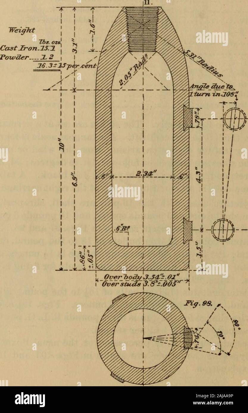 Bericht der britischen Marine und die militärischen Operationen in Ägypten, 1882. sprechenden reicht; 3d, in Yards; 4., leer. Eine Tabelle enthält die gleichen Daten auf dem oberen Teil der rechten Schlitten befestigt ist. Die Geschosse, mit der 16-pdr verwendet. sind Shell, Granatsplitter und kann - ister. Die shell wiegt 15 Pfund leer, und 16 Pfund 3 Unzen whenfilled und fuzed. Es ist in Abschnitt gezeigt in Abbn. 97 und 98. Die Splitter enthalten 72 Eisen Kugeln von 18 Pfund, und 56 von 84 auf das Pfund; 128 in allen. Die sprengladung ist 1 J Unzen Pulver, und das Gewicht des Geschosses, wenn sie bereit zum Brennen ich Stockfoto
