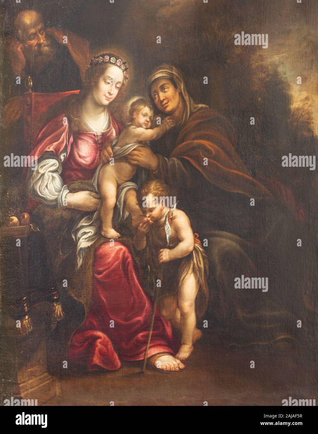 Prag - Die Malerei des Barock der Heiligen Familie mit der St. Elisabeth und St. Johannes der Täufer in Kirche Kostel Svatého Tomáše. Stockfoto