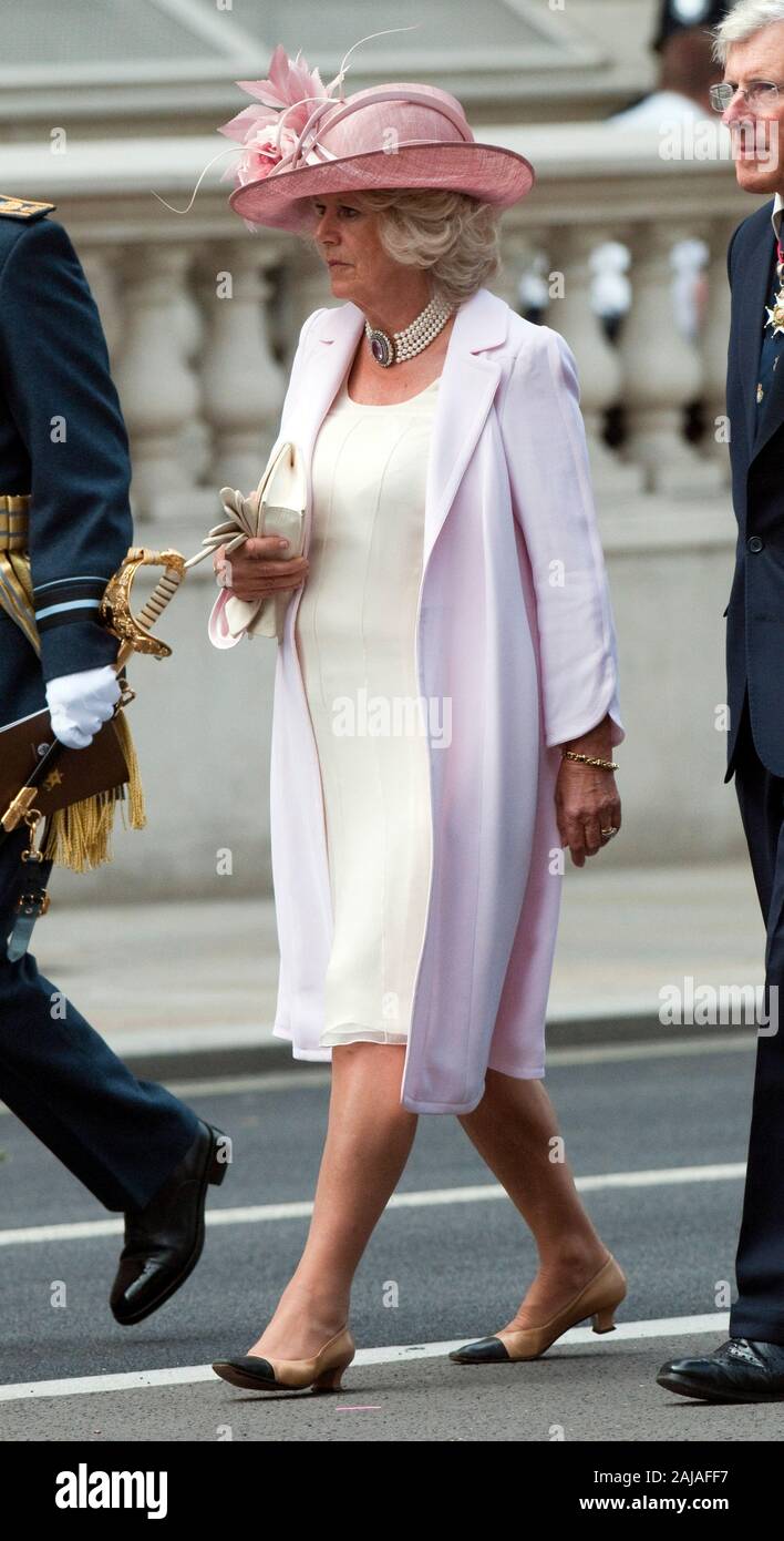 Der Prinz von Wales durch die Herzogin von Cornwall und Premierminister David Cameron, Veteranen, die an einem Gottesdienst zum 65. Jahrestag des Sieges ueber Japan Tag am Ehrenmal in London zu versehen sind. Stockfoto