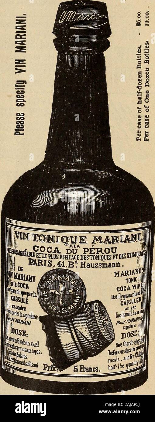 Die medizinischen und chirurgischen Reporter. ns über ihre Unterschriften (in ourpossession) sind vollständig in Einklang andclearly beweisen die Wirksamkeit und meritsof VIN MARIANI, Mai thussummarized werden: Diflftisible Reizmittel und Stärkungsmittel in der Anämie, nervöse Depression, Folgeerscheinungen von childbirthlymphatism, verspäteten Rekonvaleszenz, generalMalaise, und vergeuden Fiebern. Besonderer Hinweis auf das Nervensystem, inall krankhafte Zustände, Melancholie usw. Stärkungsmittel im Kehlkopf und Magen complica-, Magen Probleme. Alle Fälle, in denen eine allgemeine Kräftigung und Stärkung des Systems erforderlich ist. Die einzige Tonic Stimulans ohne u Stockfoto
