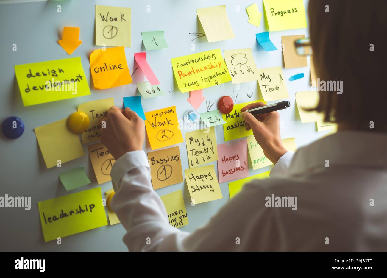 Geschäftsleute schreiben einen wichtigen Hinweis auf, indem sie auf dem Papieraufklebepfosten verwenden. Brainstorming, Teamarbeit. Stockfoto