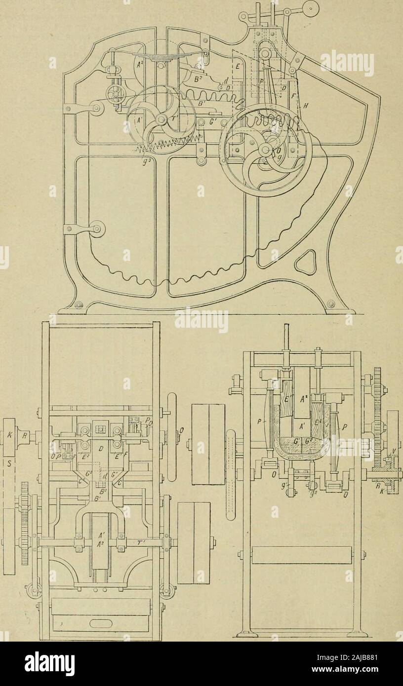 Revue générale des Mati'eres colorantes et des industries qui s'y rattachent. Orme atténuée. M.C 11 INES DIVEllSES. - Lerfcct. apportésaux fouler maeliiues à Les tissus Giossetin] (i). 29 GG 09, 29 Janv.-ll-mai l. iOO). AA-désignent des cylindres dentraînement. Pressant lun-sur lautre au moyen de Ressorts oudo contrepoids. BIi-sind- sabots de refoule (Abb. 87, 88 et 89). (; C-des Guides reliés aux Conduits latéraux dessal) Ols-et le lissu conduisant à la sortie de la table T, sabotssur justpià Lauge. D est le clapet de letenuo de même largeur quele Sabot B-, avec Iciiuei Il est Relié | Stockfoto