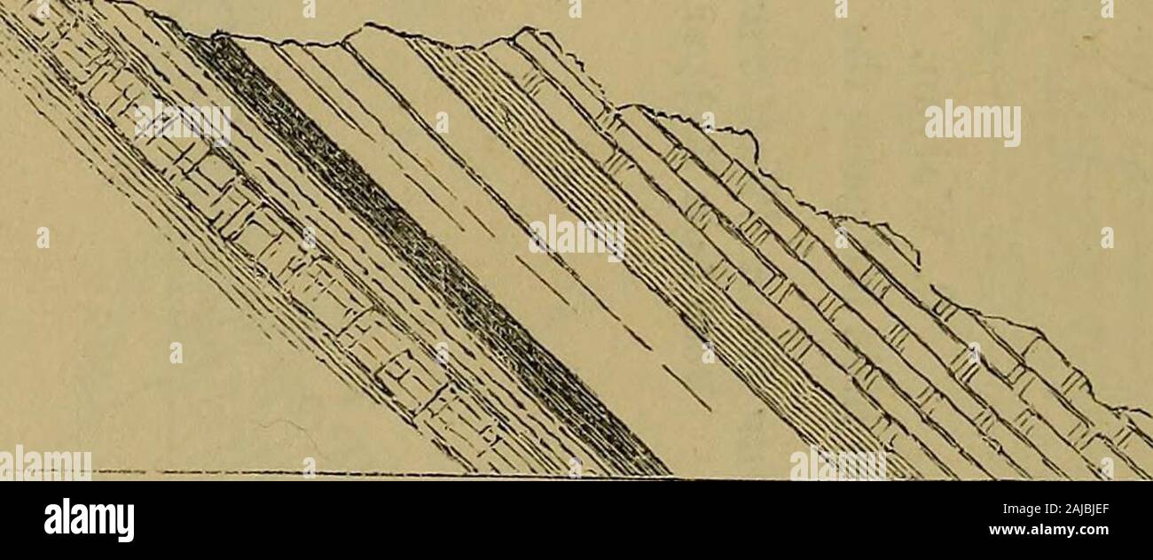 Die Zeitschrift der Geologischen Gesellschaft in London. Ipi! IJ-111 8828^^^^^^^^ M a&gt; S^9 te jd --^ sw oo I&gt; c" als * S&gt;-o o o^rS ll O (33 1 - 1 ? • 3 St. | Oh, ich tl^ Wqq oSii r-? • • • •?? .: S&gt; - 5 6.-?-?:::::: ? • *^7. Gott WIN-AUSTEN KASHMEKE KARBON FELSEN. 33 Auf der hornblendic schiefrigen Gestein, das hier überall imderliesthe Karbon-Serie gibt es in aufsteigender Reihenfolge - Füße. 1. Weiß flinty Quarzit 12 bis in das 2. Geändert Sandstein und shaly Betten, sehr hart und spHntery 15 3. Ein Bett von Wasser - abgenutzte Kiesel und Kies, aus Quarz und hornblendic Rock, eingebettet Stockfoto
