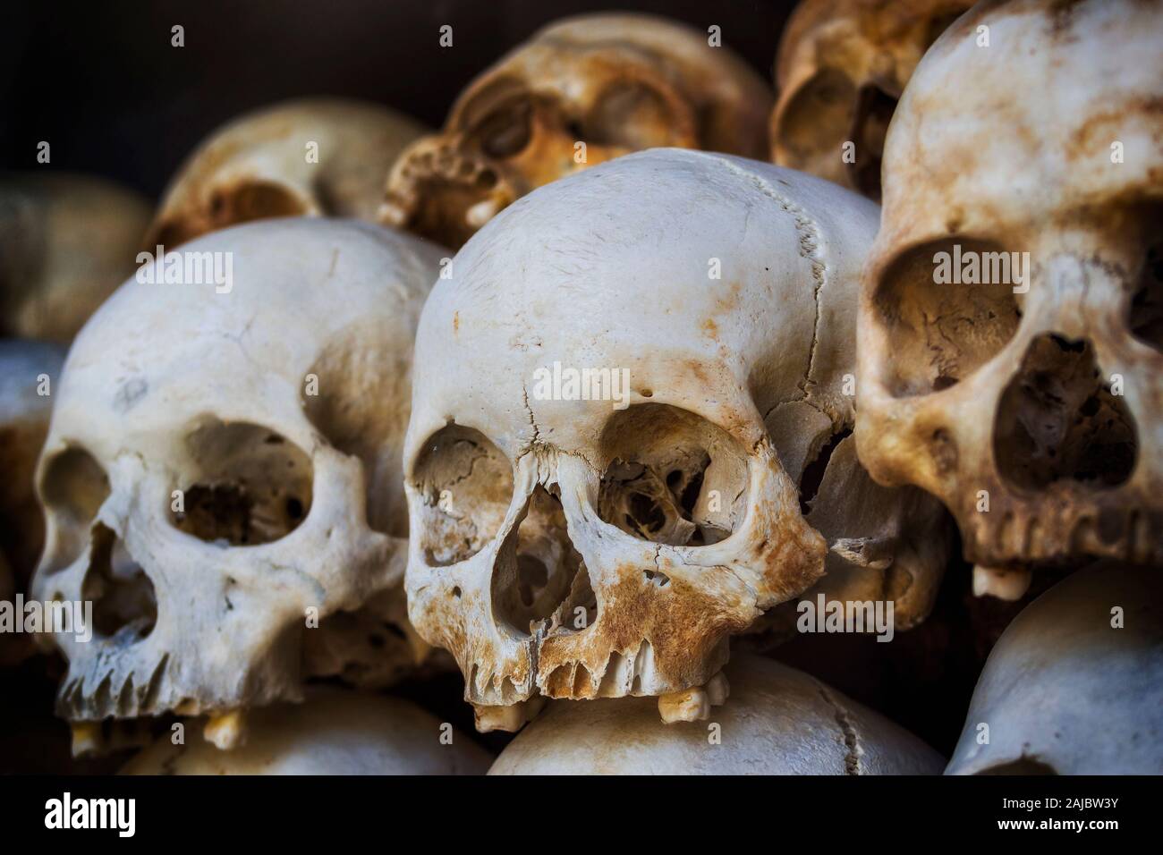 Menschlichen Schädeln der Opfer der Roten Khmer an der Killing Fields von Choeung Ek Memorial in Phnom Penh, Kambodscha gestapelt. Stockfoto