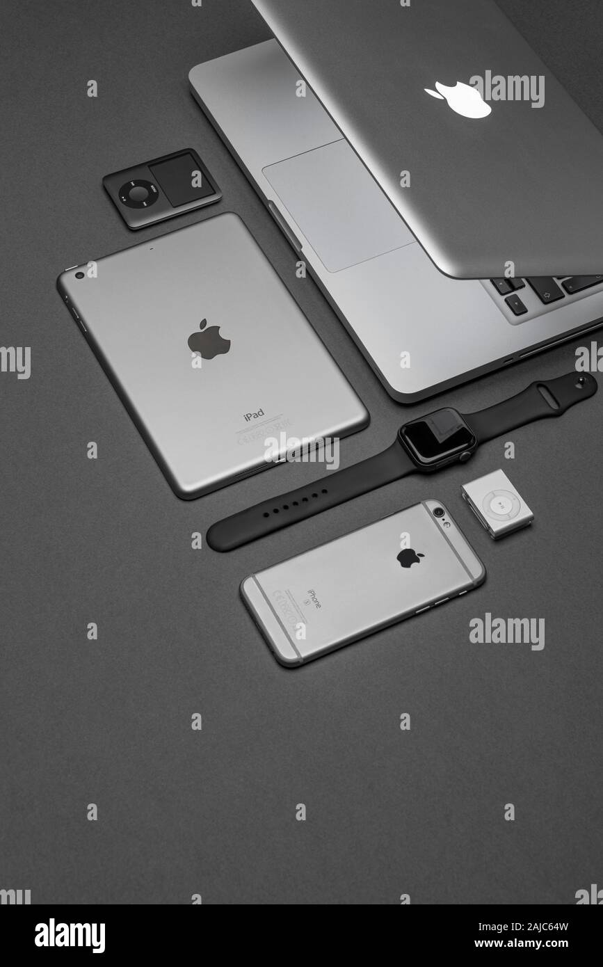 Apple Produkte auf grauem Hintergrund. Bitte schreiben. : Phillip roberts Stockfoto