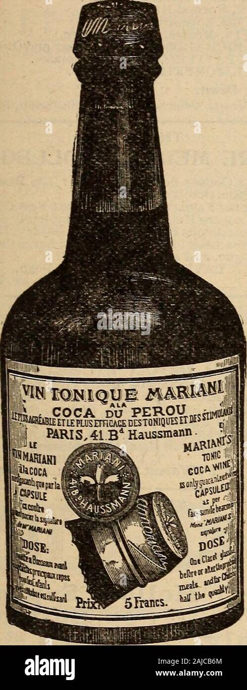 Die medizinischen und chirurgischen Reporter. igrr. morphia in anodyne Prinzip. lODIA. Eine Kombination von aktiven Prinzipien des Stil-lingria, Helonias, Aster, Menispermumand Aromaten. Jede fid. dr. Enthält 5 grrs. Lod. Grrs Potas. und 3. Phos. Bügeleisen, Dosis - Oneor zwei Fid. Drachms wie angegeben. Chemiker CORPORATION, ST. LOUIS, MO., U. S. A. DER MEDIZINISCHEN UND CHIRURGISCHEN REPORTER. MARIANI & Co. Paris: 41 Boulevard Haussmana London: 239 Oxford Street New York: 52 West 15 tli St. I. COCA VORBEREITUNGEN. Durch die MedicalProfession seit 1863 eingeführt. VIN MARIANI (Wein), ELIXIR MARIANI (Herzlichen), Marian Stockfoto