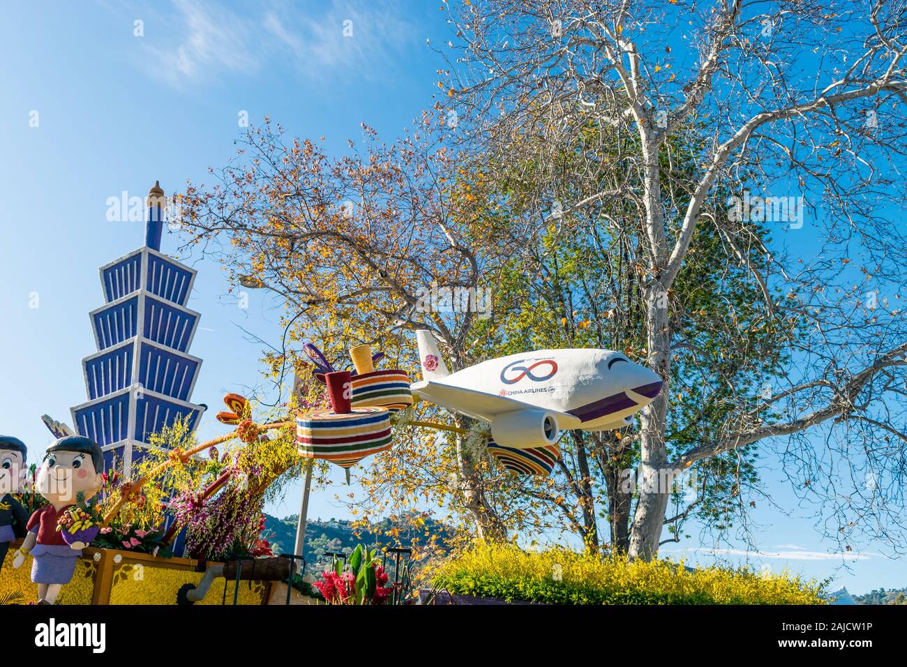 China Airlines Float gewinnt beim Turnier der Rosen-Parade 2020 in Pasadena, Calif, den International Award Stockfoto