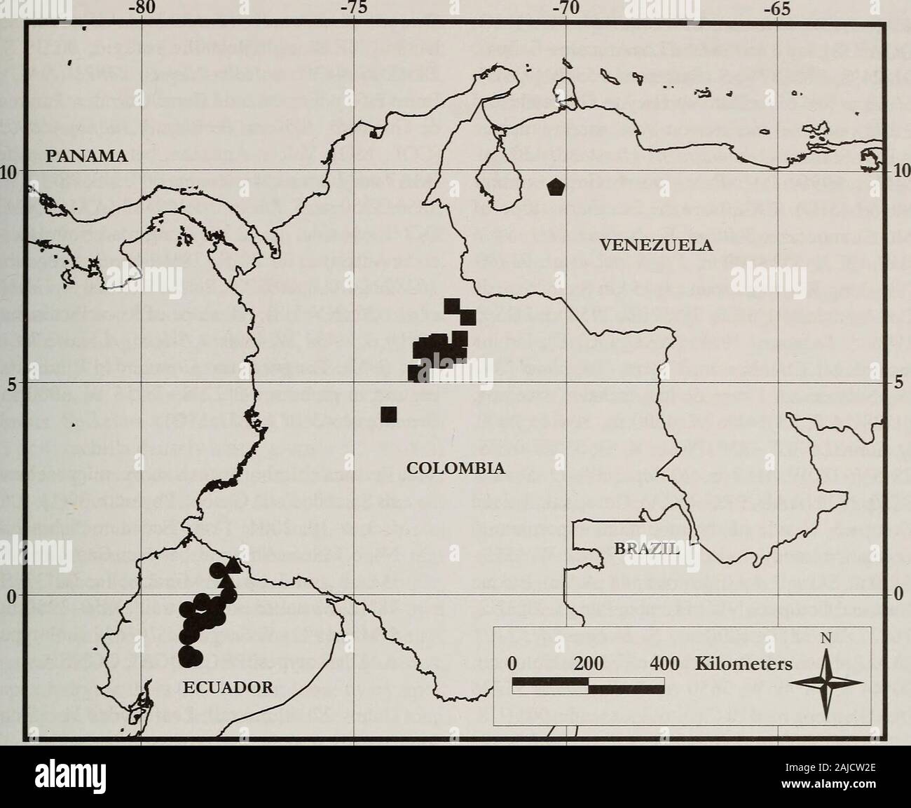 Beiträge aus der United States National Herbarium. 2 mm 2 mm Abbildung 43. Festuca chimborazensis chimborazensis subsp. A. in der Gewohnheit. B. Ligule. C. Blütenstand (Detail). D. Ährchen. E. Glumes. F. Lemma. G. Lemma mit palea und rachilla. H. in der Blattspreite Querschnitt. A-H, Stancik 3883 (PRC). Festuca in Südamerikanischen Paramos 93. -80 -75 -70 -65 Abb. 44. Verteilung der Festuca chimborazensis (•), F. carchiense (±), F cleefiana (?), und F dinirica (#). Schlüssel zu den Unterarten von FESTUCA CHIMBORAZENSIS 1. Leaf Blades 4-9 cm langen, gebogenen; Blatt Querschnitte mit nur 5 Leitbündel; culms 8 - Stockfoto