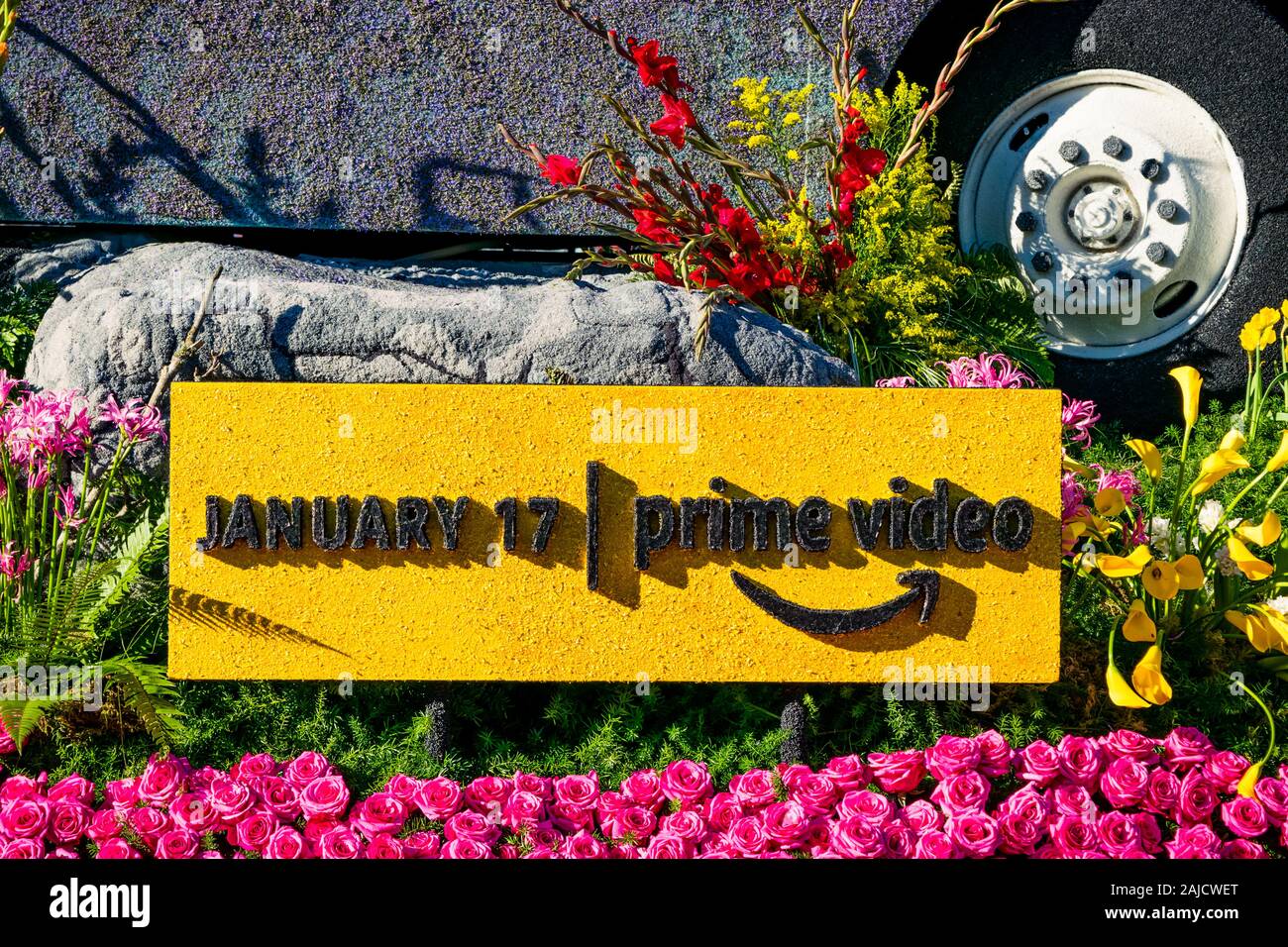 Nahaufnahme von Amazon Prime Video Tournamend of Roses Parade Stockfoto