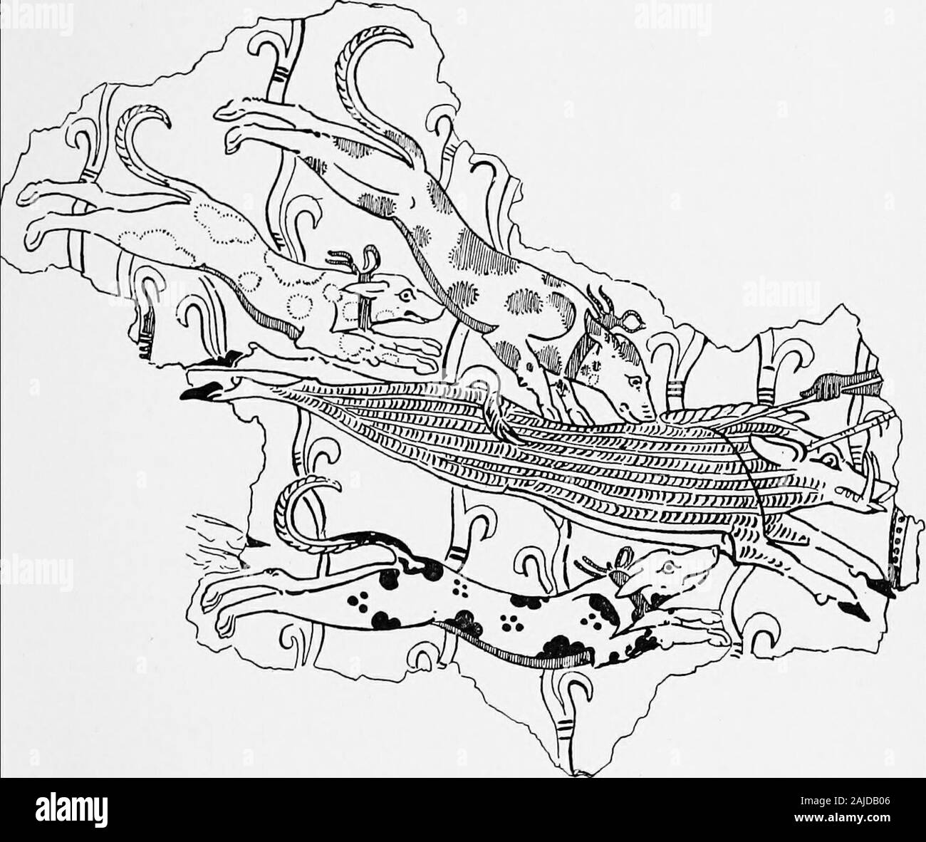 Ägäis archaeeology; eine Einführung in die archaeeology der prähistorischen Griechenland. YiG. 74. - Tiryns; später Palace. Chariot Fresko (wiederhergestellt). (Ende Myc. = L M. III). AiAens Museum. Maßstab C. . Malerei und Skulptur 193 restaurierten Gruppe des Ebers verfolgt durch die Jagdhunde (Abb. 75). Der Eindruck der raschen Bewegung gegeben ist ex-Trem gut, so wie wir es in anderen Minoischen Werke ofart, insbesondere der Mykenischen Dolch-Blades. Die wholegroup fliegt durch die Luft in der Minoischen Mode, mit. Abb. 75.- Tiryns; später Palace. Fresko der wildschwein jagd. (Ende Myc. = LM III). Athen Museum. Skalieren. Körper länglich, stretc Stockfoto