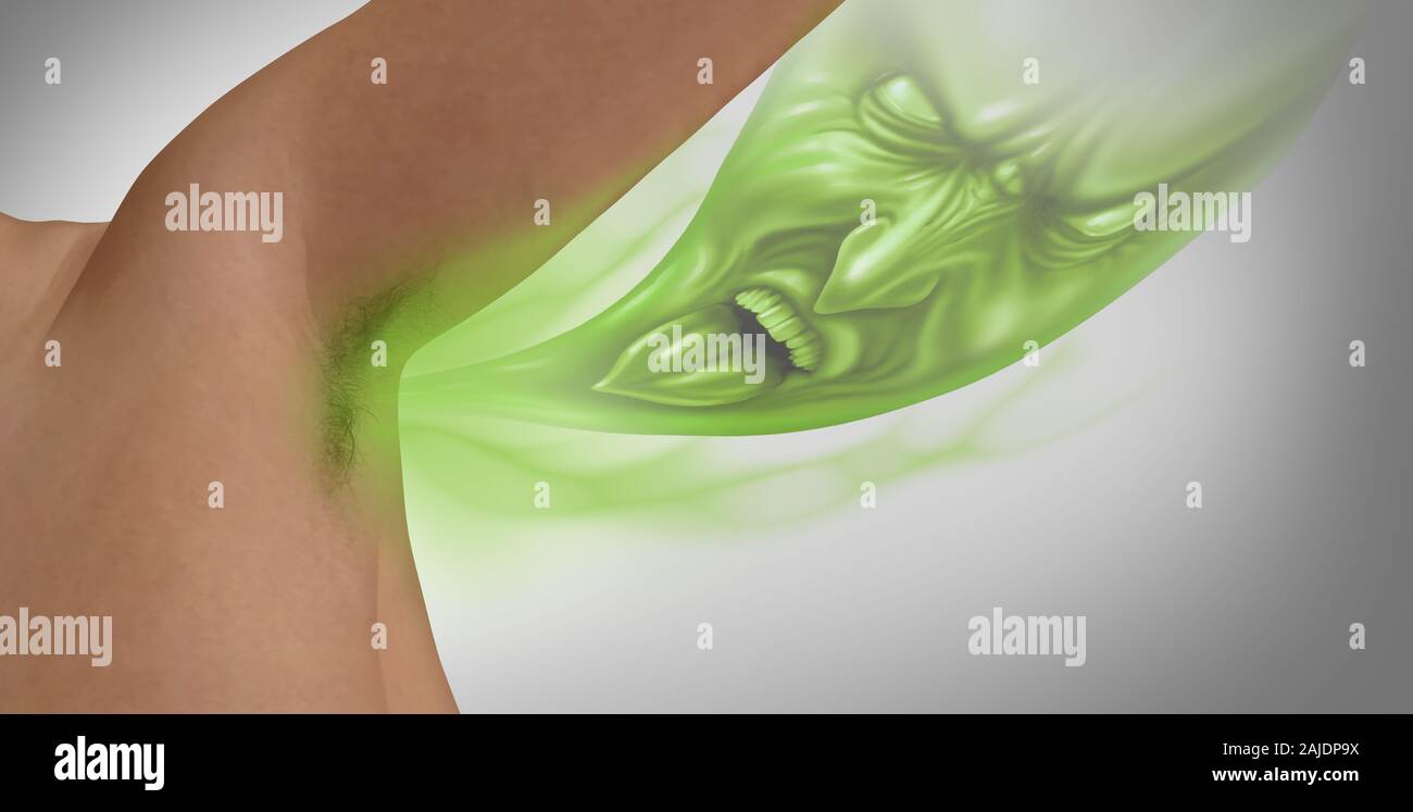 Körpergeruch und stinkenden Achselhöhlen Gesundheit hygiene Konzept als ein unterarm mit einem schlechten Geruch in einer 3D-Darstellung. Stockfoto