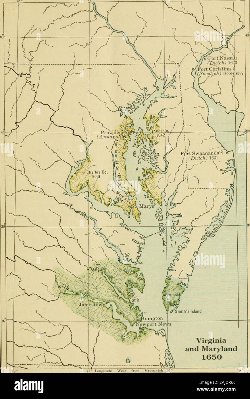 Eine Geschichte der Vereinigten Staaten. Schlechte Gegenleistung für die Freundlichkeit sie in Maryland hadreceived. Eine Versammlung von themand, aus denen wurden ausgeschlossen, die Katholiken aufgehoben thetoleration Act von 1649 dominiert. 1655 Stein bemüht toregain Kontrolle der Angelegenheiten, aber er und seine Cathohc supporterswere besiegt durch die Puritaner unter William Fuller in apitched Schlacht auf den Severn. Lord Baltimore, aber hadacknowledged Cromwells Herrschaft und zwei Jahre später eine Vereinbarung erreicht wurde und seine Autorität wieder erkannt. Während des Zeitraums 1640-1660 die Bevölkerung von Virginia und Maryland stieg weit Stockfoto