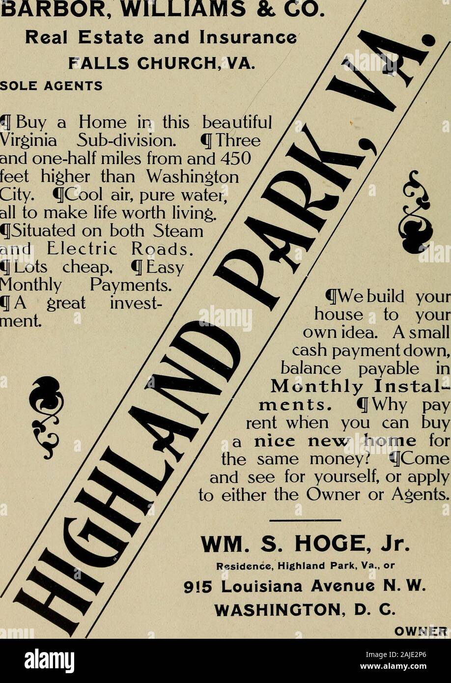 Eine kurze Geschichte der Alexandria County, Virginia;. Saegmuller Schule TINTYPES FOTO NEUHEITEN POSTKARTEN AQUÄDUKT STUDIO E. ALLEN 3507 M Street Drucken und Entwickeln für Amateure 48 ALEXANDRIA COUNTY BARBOR, WILLIAMS & Co Immobilien und InsuranceFALLS KIRCHE, VA. Alleinige AGENTEN • ich ein Haus in diesem beautifulVirginia Sub-Division kaufen. &Lt;J Threeand eineinhalb Meilen von und 450 Meter höher als WashingtonCity. &Lt;JCool Luft, reines Wasser, das Leben lebenswert zu machen, ^, gelegen auf beiden Steamand elektrische Straßen.^ günstige Angebote, € J EasyMonthly Zahlungen &Lt;^ eine große investieren. ment. &Lt;IWe bauen yourhouse zu Ihrem Stockfoto