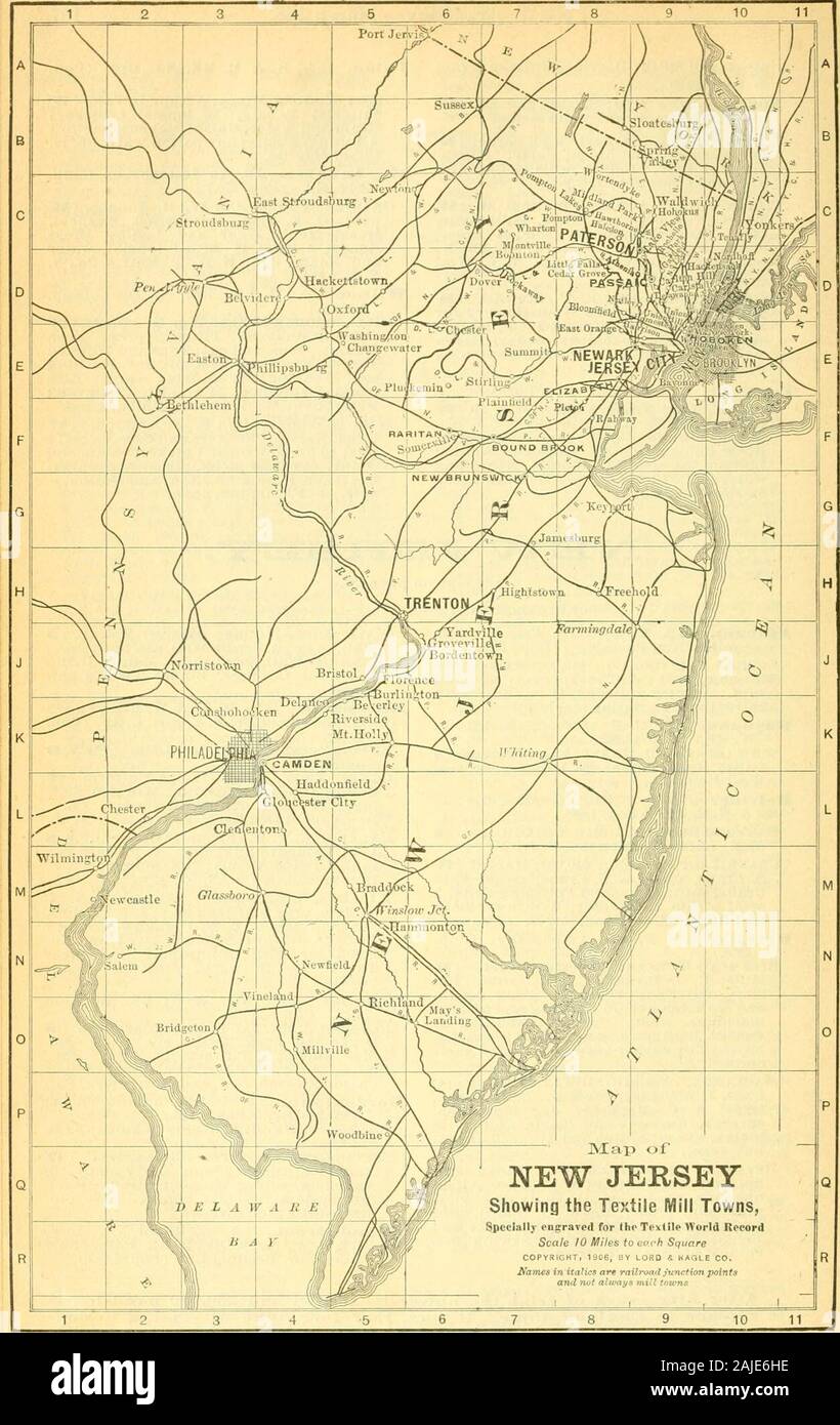 Offizielle amerikanische Textil Verzeichnis; enthält Berichte über alle der Textil verarbeitenden Betriebe in den Vereinigten Staaten und Kanada, zusammen mit dem Garn trade Index.. Komp, die jährlich durch die textile Welt Zeitschrift. Wand Dekoration; J. SpencerTurner Co., s. agts.; pres. und supt.; Käufer. Boonton. D7. D.L.&W. RR, BoontonBr. (Pop. 3,901.) Pelgram&Meyer; J.A.Reynar, Supp.; ("organzino, Straßenbahn, Drehungen, etc.; 30.000 Spin-Dles; Dampf; Verkaufen dii-Ect; 113-117 Spring St., N. Y., L.A. Walder (Paterson) Käufer. (Auch Paterson, N.J, Harrisburg, Pa.) Bordentonn. J-6. S. RR, Bordentown Br; Amboy Div Stockfoto