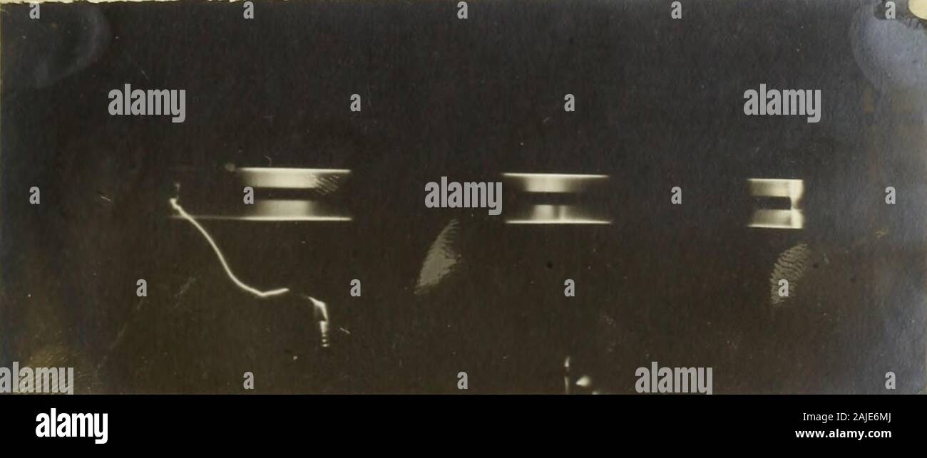 Vorrichtung und Verfahren zur Messung elektrischer Wellen. Die OGcillatlons erzeugen periodische Strömungen in der primären v/liichexcite induzierten Ströme, die sich zur gleichen Zeit in der sekundären orparallel Drähte. Die Anschlüsse des Stromkreises oscillatinc areshow-n im Bild. 8, Seite 28, C -, ist die Fähigkeit, G, eine Funkenstrecke, T, aTesla Transformator, E, die primäre des Oszillators. Diese appar - atus gibt Wellen über 110 en. in der Länge. Die Manipulation ist sane als in den anderen Methoden beschrieben, mit der Ausnahme, dass keine vacuumtubes müssen in einem ausreichend dunklen Raum verwendet werden. Ich 22. Stockfoto