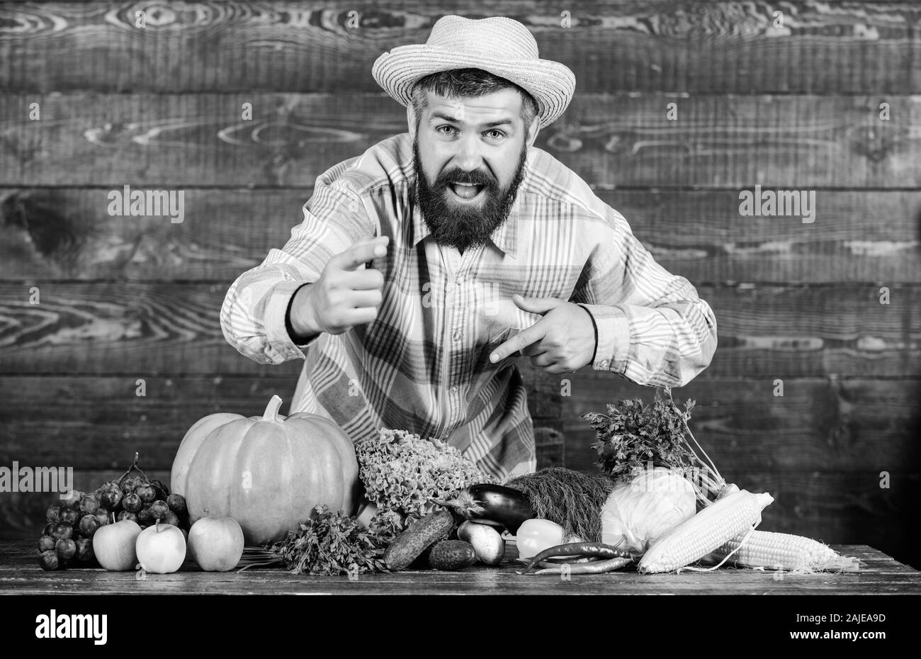 Viel Vitamin. man-Chef mit reichen Herbst Ernte. saisonale Vitamin essen. Nützliche Obst und Gemüse. bärtigen reife Landwirt. organische und natürliche Lebensmittel. happy halloween. Harvest Festival. Stockfoto