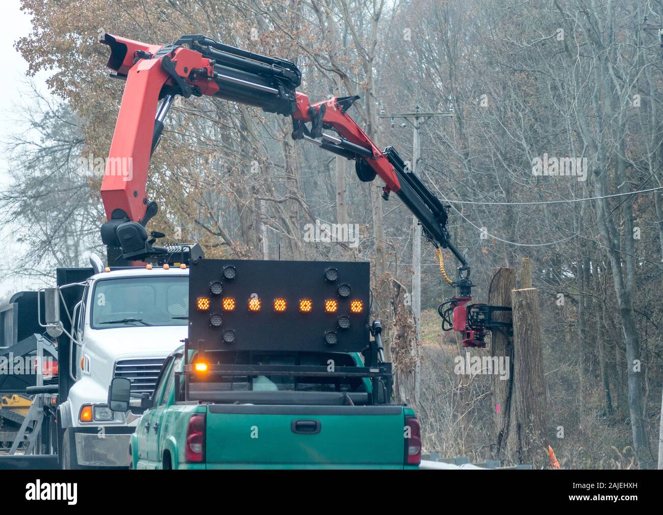 Ein Baum crew nutzt eine einzigartige Kette sah an einem Roboterarm, Schnittholz in schwer entfernen und Bereiche zu erreichen. Stockfoto