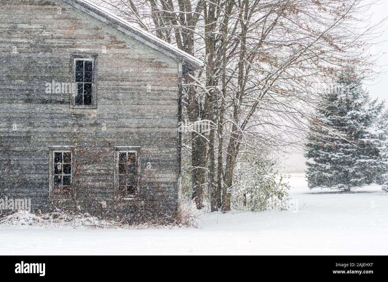 Rustikales Bauernhaus steht in einem schneebedeckten Feld im ländlichen Michigan USA Stockfoto