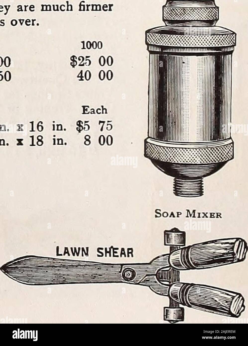 Dreer's Mitte Sommer Katalog 1921. X 16 in. x 18 in. $ 100 2 50 2 75 3 003 25 stutzend Scheren, importierte Bsr Gewächshaus Spritze. HENRY A. DREER, Philadelphia - Verbrauchsmaterialien 43 Spalieren. Lüfter Gitter. Für kleine Reben, etc.; Holz 0 $ 35 Kabel, 12 Zoll, 35 cts., 15 Zoll, 40 cts., 18 Zoll, 50 cts.; 24 Zoll 75 Päonie oder Tomate (Holz), die jeweils 40 cts.; Dutzend 4 50 Päonie oder Tomate (Leitung), jeweils 35 cts.; Dutzend 4 00 Kellen. American Steel, 15 cts. und 35 Englisch Muster, Stahl, stark, 4^ Zoll, 60 cts.; 6 Zoll, 65 cts.; 7 Zoll 75 Stahl Schaft, schwer... 75 Transplantation 65 Truck. Kombination Barrel, Lea Stockfoto