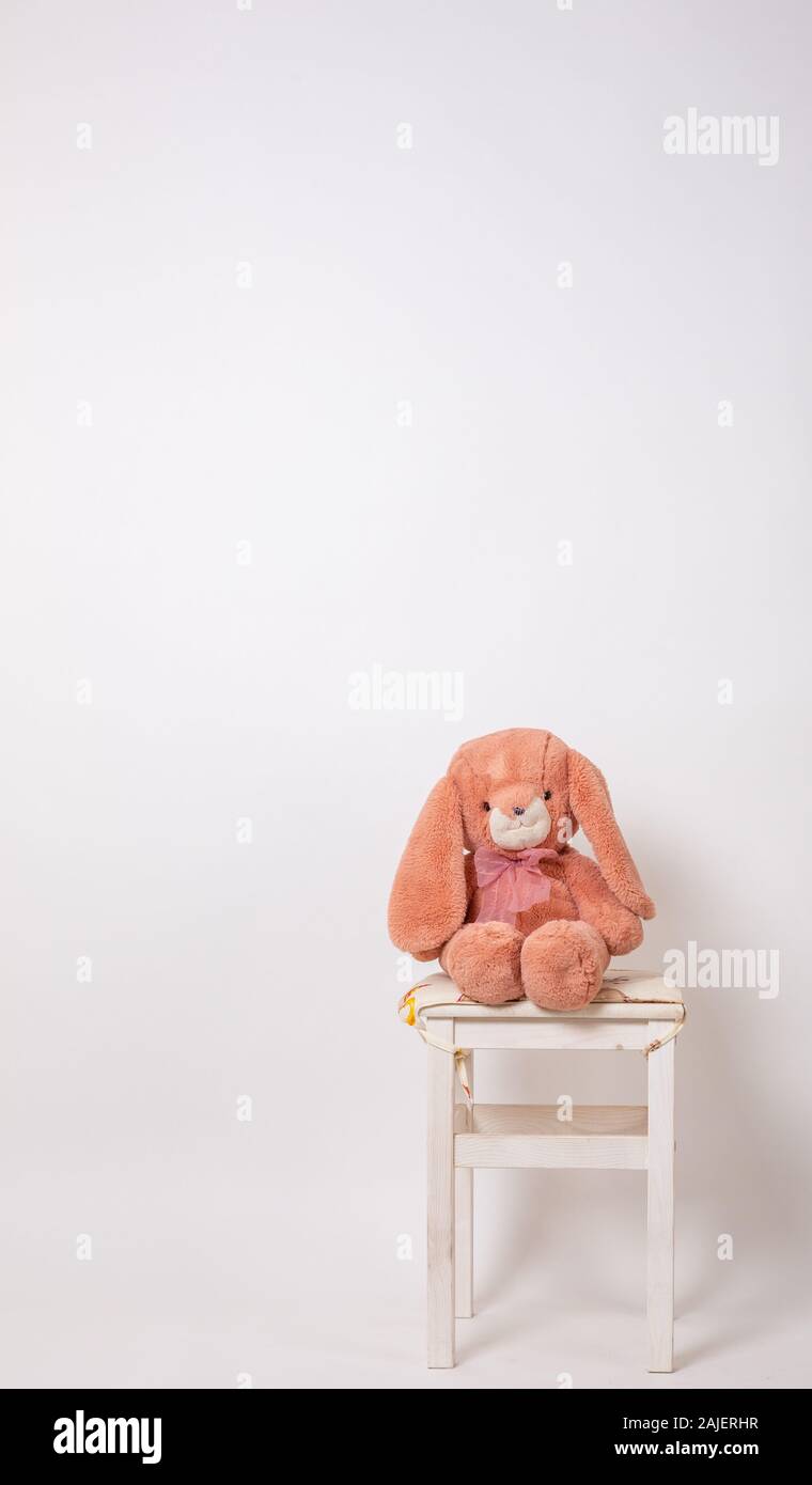 Rosa Kaninchen Plüschpuppe sitzt auf einem Stuhl auf weißem Hintergrund. Osterhase. Osterhaare. Stockfoto