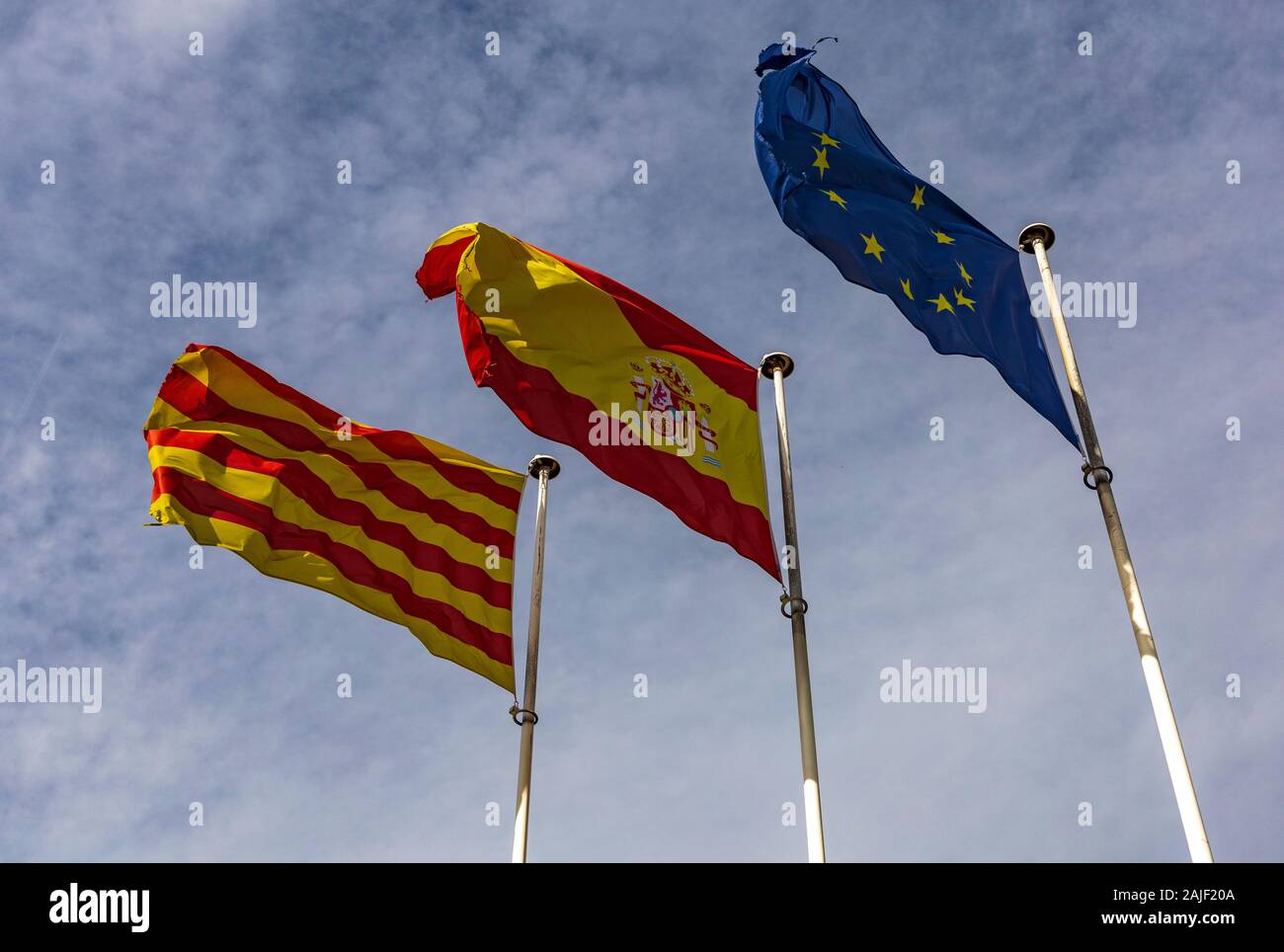 Europäische, spanische und katalanische Flagge Stockfoto