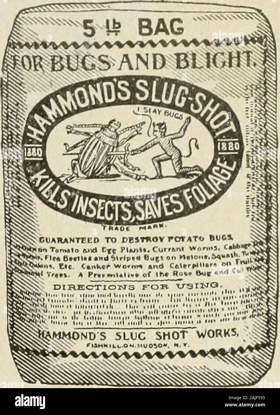 Schultz der Samen: 1913. Pat. März nd 9. November 1897.. Fehler Tod. Fehler der Tod ist ein feines Pulver und in Compo-sition ist einzigartig, selbst, soweit Itdoes nicht auf Arsen für seine Töten abhängen - ing. Fehler der Tod sicher ist und Sie Funktion auf Kartoffeln, Tomaten, Johannisbeeren, Beeren, Gurken, Melonen, und gardentruck im Allgemeinen. (Vollständige Richtungen auf eachpackage.) Preis, lb, 15c; 3 lbs, 35 c; 5 lbs, 50 c; 12^4 lb.pkg., $ 1,00; 100-lb. Fass, $ 7.50. HAMMONDS SLUG erschossen. - Destroysinsects und Würmer schädigenden andhouse Pflanzen, Kartoffeln, Kohl, Garten, Tabak, Sträucher, Bäume, Obst und Gemüse von Al Stockfoto