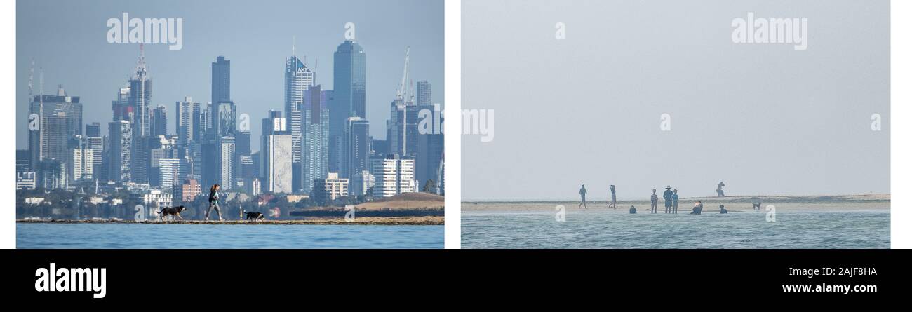 Der Blick auf die Skyline von Melbourne in nur wenigen Stunden vor und nach dem Austritt von Rauch aus der Buschbrände in Australien eingerollt. Stockfoto