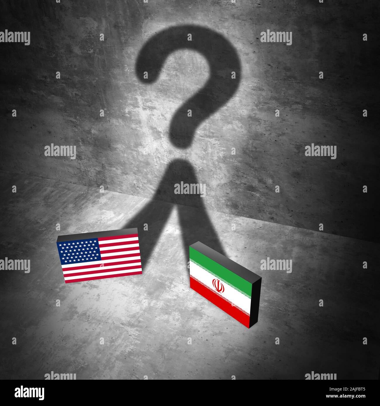 Iranische amerikanischen Fragen als US-Militär Krieg spannung Konflikt oder Vereinigten Staaten Krise im Nahen Osten Konzept als Sicherheitsproblem aufgrund wirtschaftlicher. Stockfoto