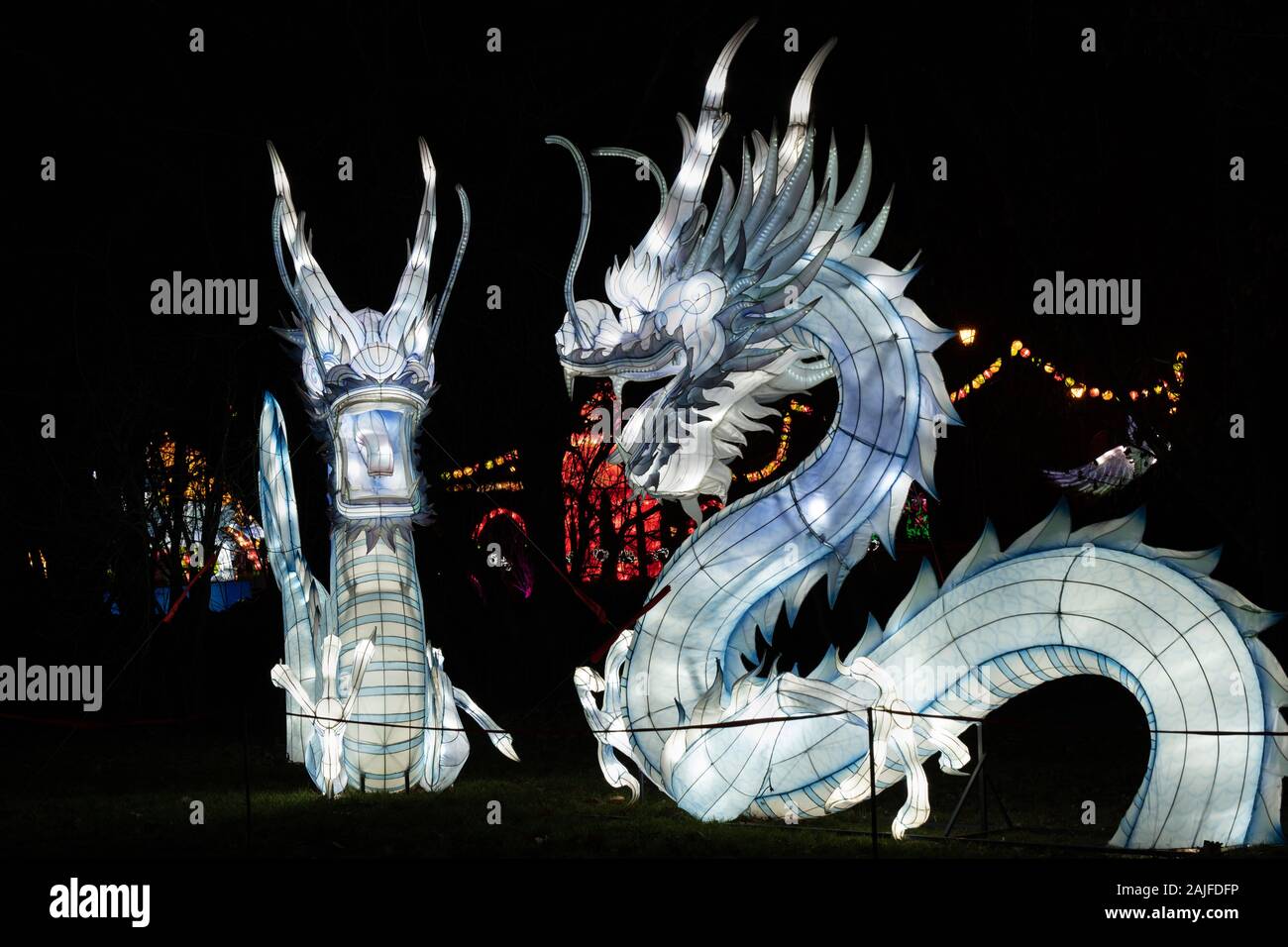 Warschau, Polen - 16 Dezember, 2019: Drachen an chinesischen Licht Festival, traditionelle chinesische Kultur Ausstellung, Nacht beleuchtung am Fort Bema Stockfoto