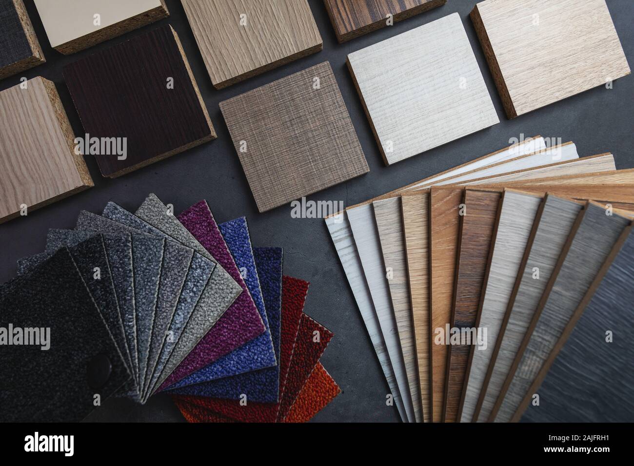 Bodenbeläge und Möbel Material Proben für Interior Design Projekt Stockfoto