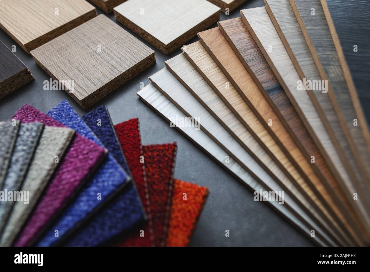 Bodenbeläge und Möbel Material Proben für Interior Design Projekt Stockfoto