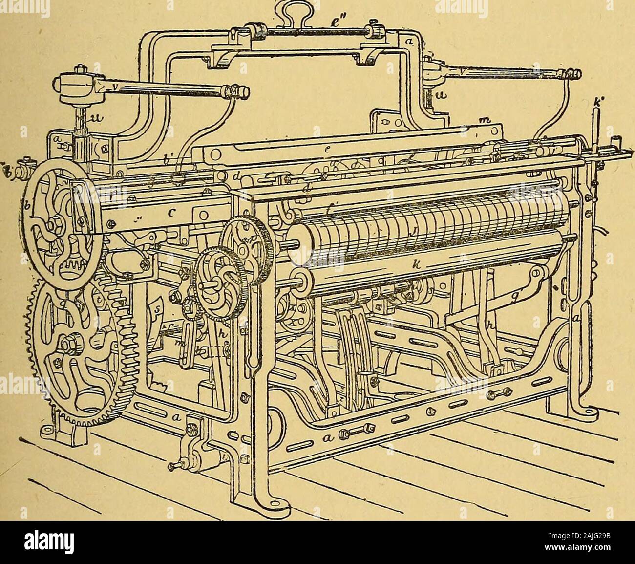 Baumwolle weben: seine Entwicklung, Prinzipien und Praxis. n theslay-Block selbst, die für die Länge der Box agroove in es für den Empfang des picker Fuß geschnitten hat. Abzuschließen, die Ausstattung der Box die Fly-Spindel, g, isrequired mit einem Ende in die Spindel eingesetzt - studslightly links von den Buchstaben d, das entgegengesetzte Ende passingthrough die box Ende in einen Brei oder Buchse auf den luftentweichen, eine flache Feder gesichert durch eine Schraube in das Ende der theslay, C. Die Aufnahme Roller, j, ist durch den Zug betätigt ofwheels am Ende der dargestellten Webstuhl durch die Oszillation der modernen P Stockfoto