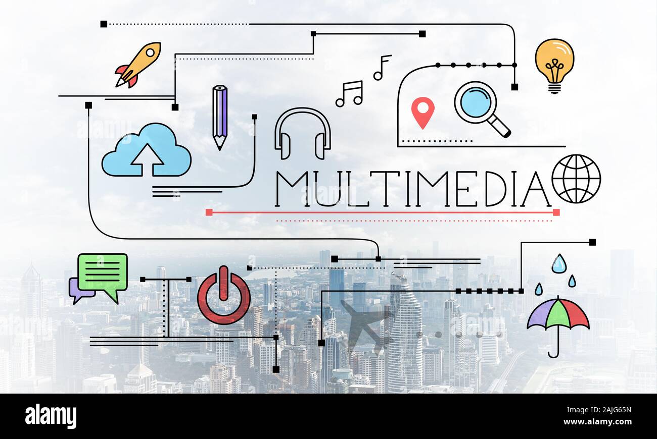 Multimedia Inhalt lineare Skizze auf dem Hintergrund der modernen Stadtbild. Strategie Planung und Analyse. Mind Map von Online Media Streaming und Produktion. Stockfoto