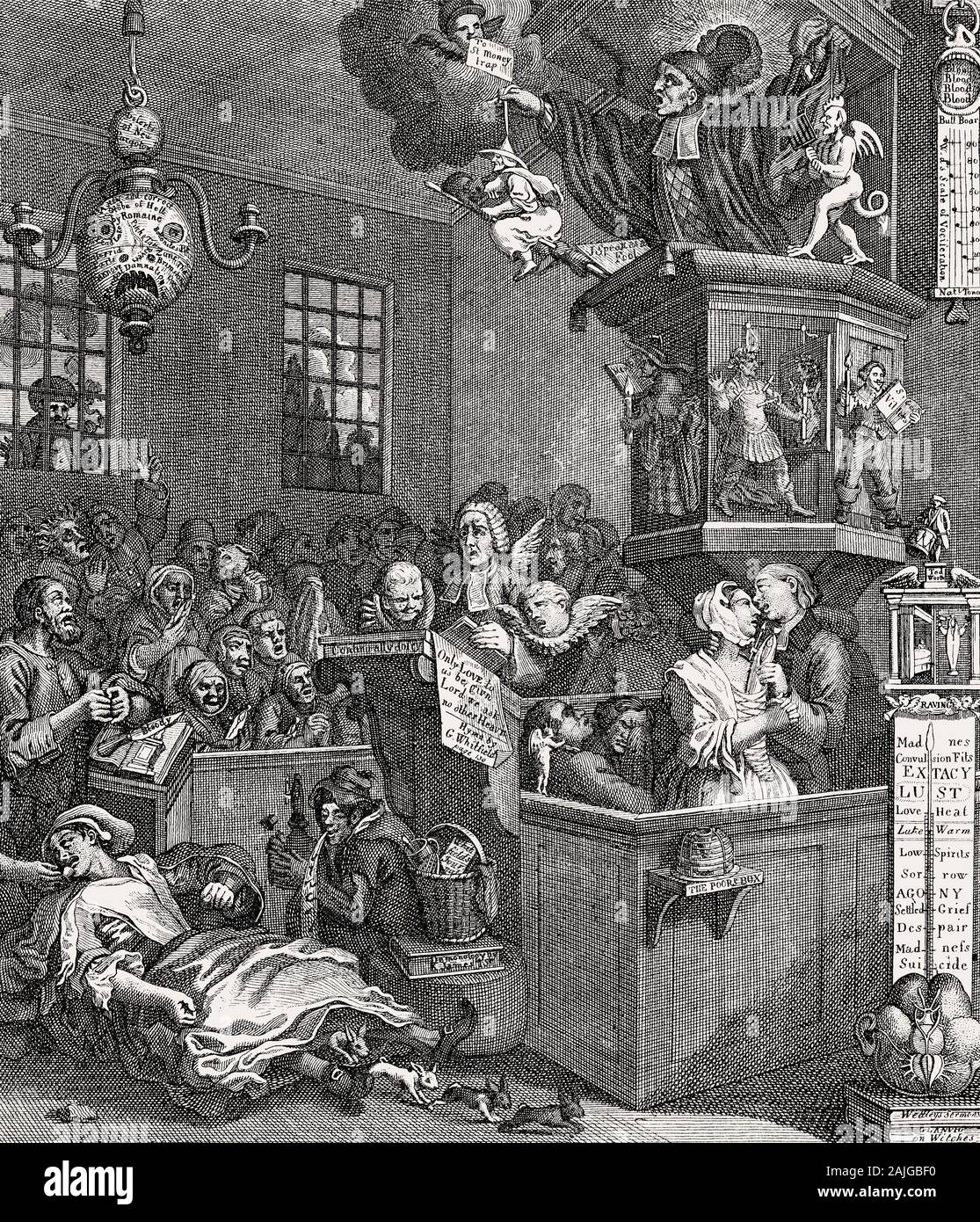 Leichtgläubigkeit, Aberglauben und Fanatismus, 1762, Karikatur von William Hogarth, 1697-1764 Stockfoto