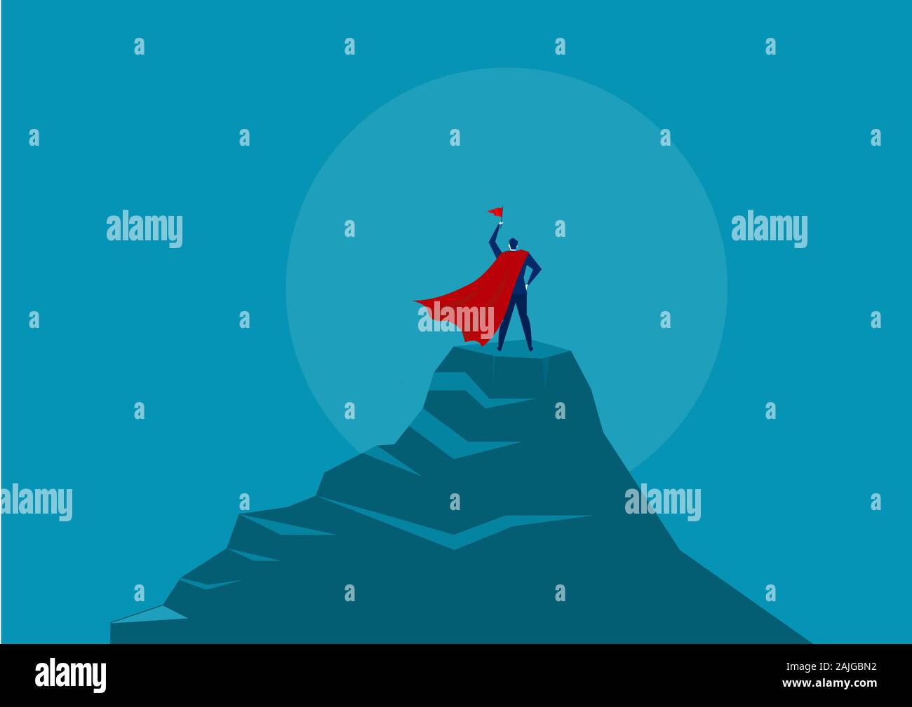 Geschäftsmann Held die rote Flagge und steht auf der Spitze des Berges unter der Sonne. Illustrator Stockfoto