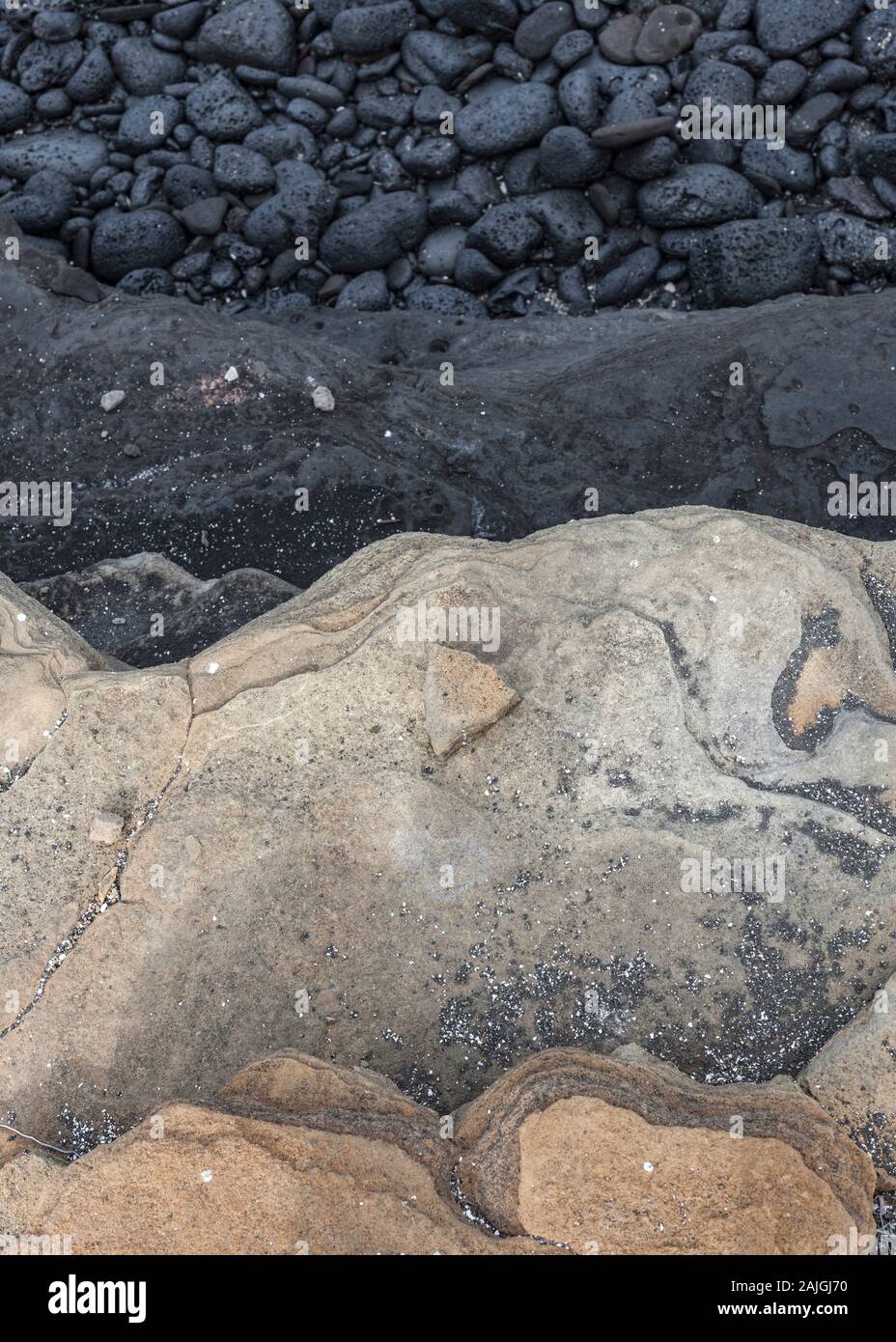 Nahaufnahme der vulkanischen Landschaft der Insel Santiago, Galapagos, Ecuador. Stockfoto