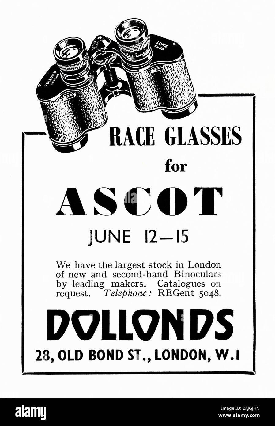 Eine Anzeige für ein Dolland Fernglas - sie erschien im Magazin Sphere am 2. Juni 1951. Die Werbung zeigt eine Illustration der "Rennbrille" und verbindet sie mit den Pferderennen von Ascot, die im Juni stattfinden. Dollond von Old Bond Street, London, Großbritannien, hat eine Geschichte, die bis ins Jahr 1750 zurückverfolgt werden kann. Sie waren im Laufe des achtzehnten und neunzehnten Jahrhunderts für ihre optischen und wissenschaftlichen Instrumente berühmt. Sie lieferten Ferngläser an die britischen Streitkräfte im ersten Weltkrieg. Bis 1920 hatte Dollond damit aufgehört, selbst Ferngläser zu machen, verkaufte aber lange Jahre Ferngläser mit ihrem Markennamen. Stockfoto