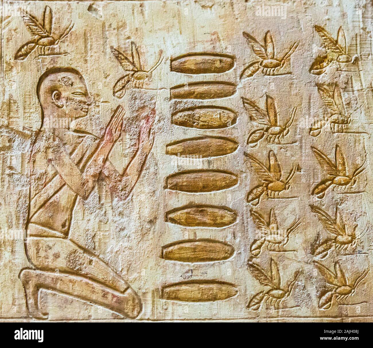 Theben in Ägypten, Assassif (Teil des Tals der Adligen), Grab von pabasa. Eine seltene Szene der Imkerei: Gebet vor der Bienen. Stockfoto