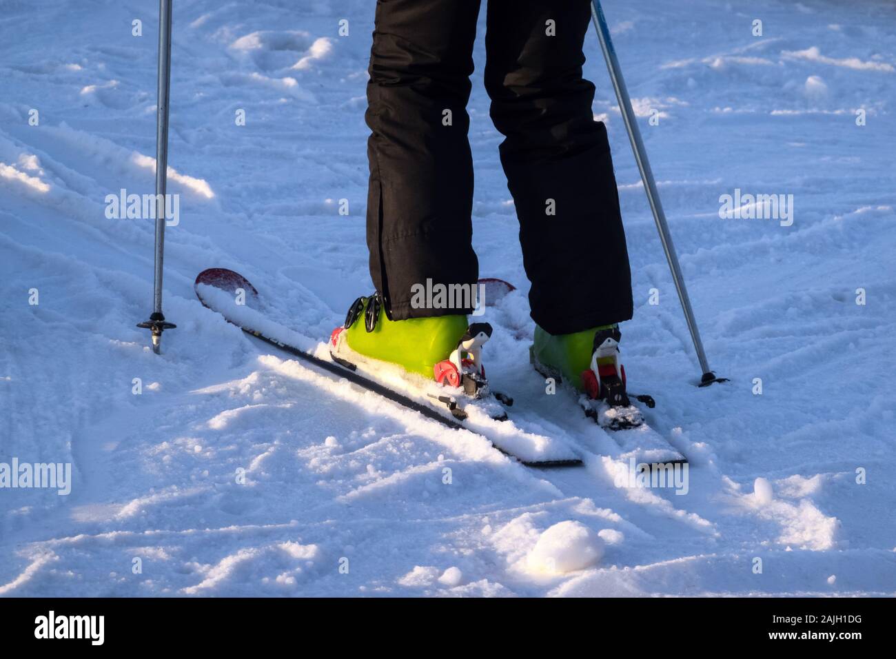 Man Skifahren im Skigebiet turing Wintersaison. Person gleitenden in Pulver mit Skier und Stöcke, gute Zeit Stockfoto