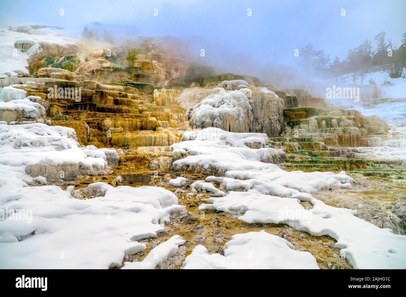 Blick auf den Kanarischen Federn und Terrassen von Mammoth Hot Springs area im Winter, Yellowstone National Park, USA. Stockfoto