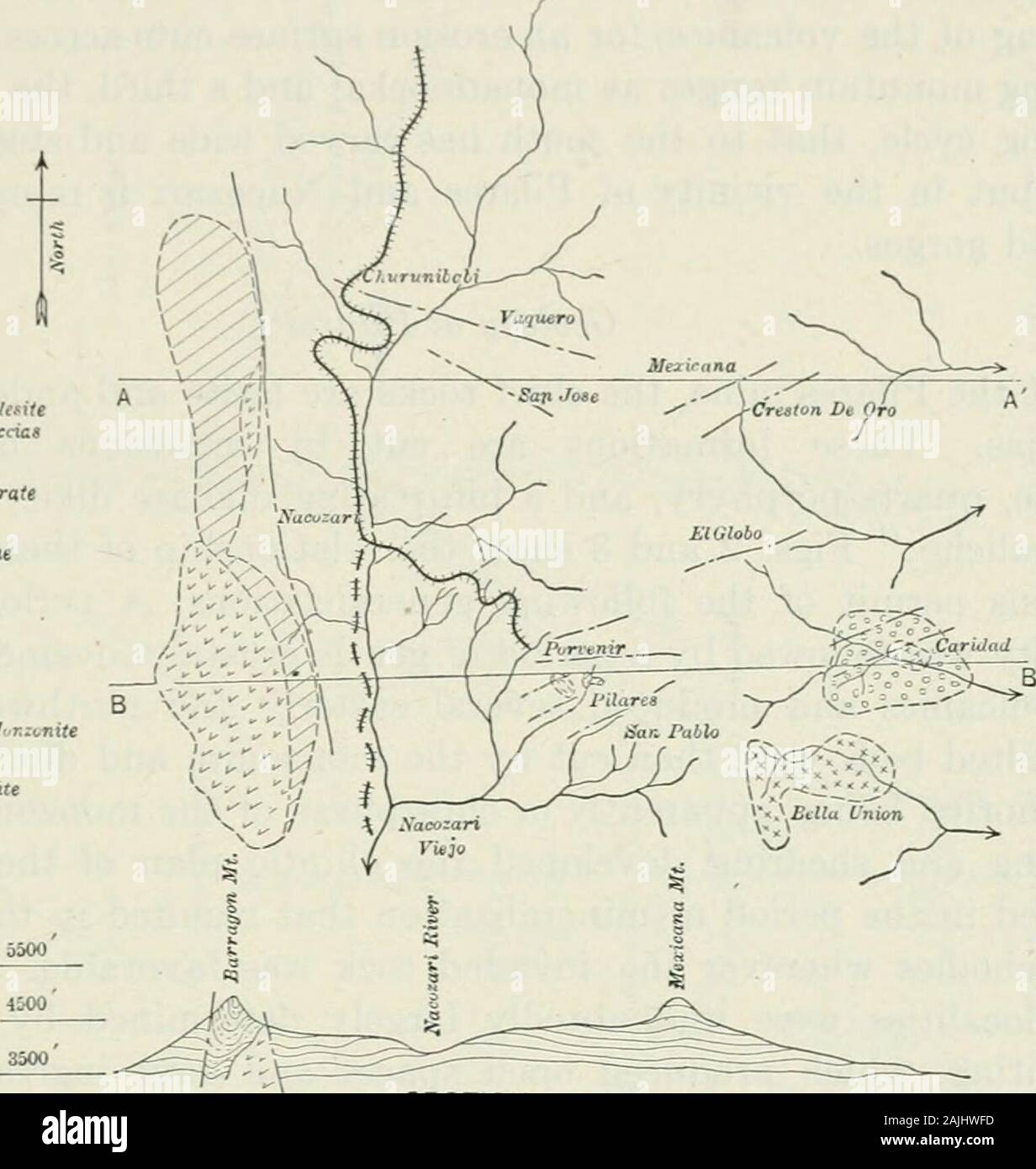 Transaktionen. Die latite Brekzien, die jüngsten Dieser vol-canics, decken sie die höchsten Berge in unmittelbarer Nähe. Das * In der Vorbereitung dieses Papiers Zugang hat zu dem Bericht gemacht worden byJohn M. Boutwell, im Jahr 1911, über die Geologie und Entstehung bei Pilares. So littlethat ist wirklich neu über die Erz- und sein Auftreten sincethen, dass das Papier muss berücksichtigt werden, um eine Zusammenfassung von Herrn Boutwells Bericht entdeckt wurde. t Mine Betriebsleiter, Moctezuma Kupfer Co t Geologe, Moctezuma Kupfer Co.W. ROGERS WADE UND ALFRED WANDTKE 383 Alter der volcanics hat nicht "defin. Stockfoto