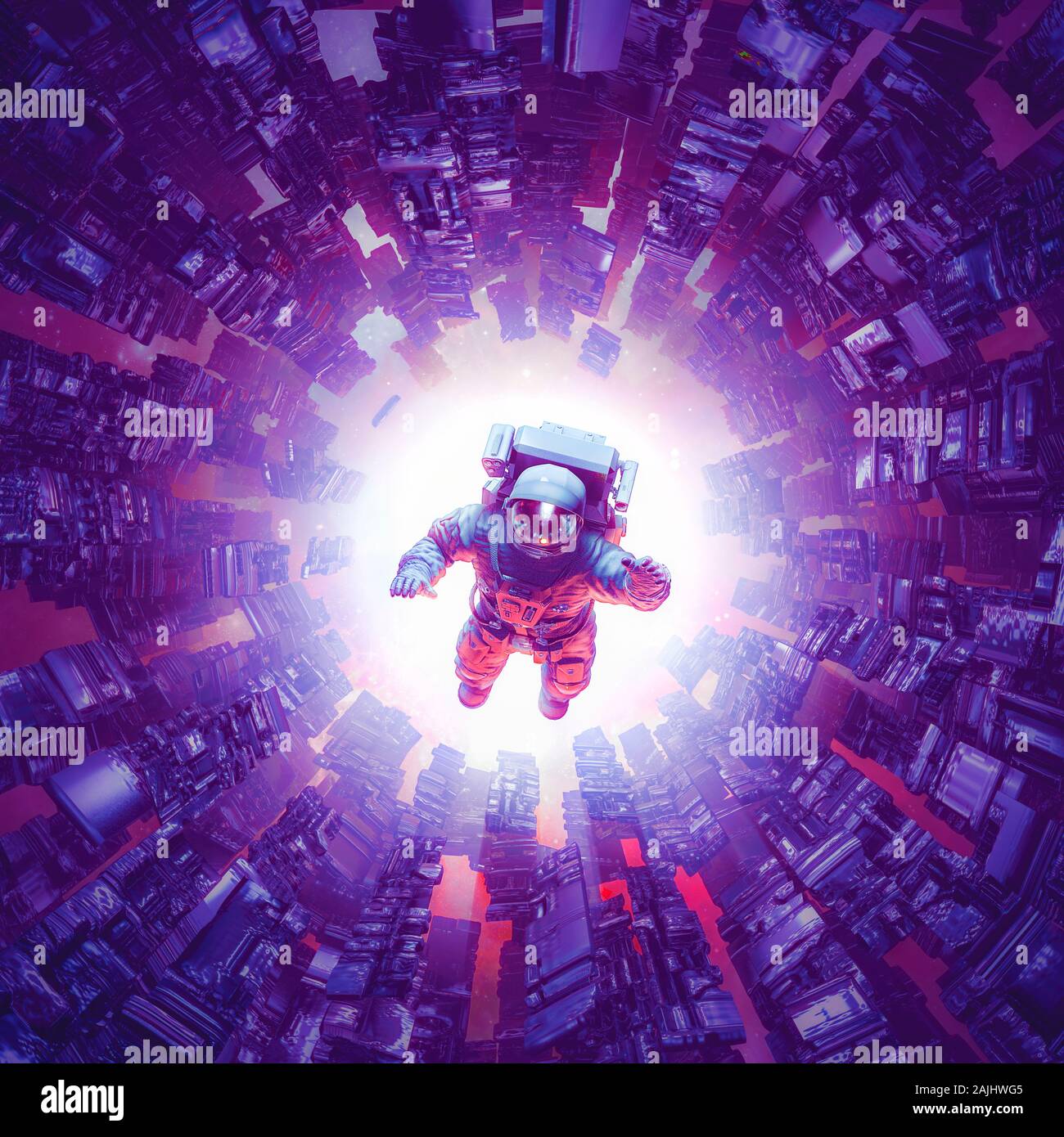 Raum-zeit-Singularität/3D-Darstellung von Astronauten schweben in abstrakten alien Maschine Stockfoto