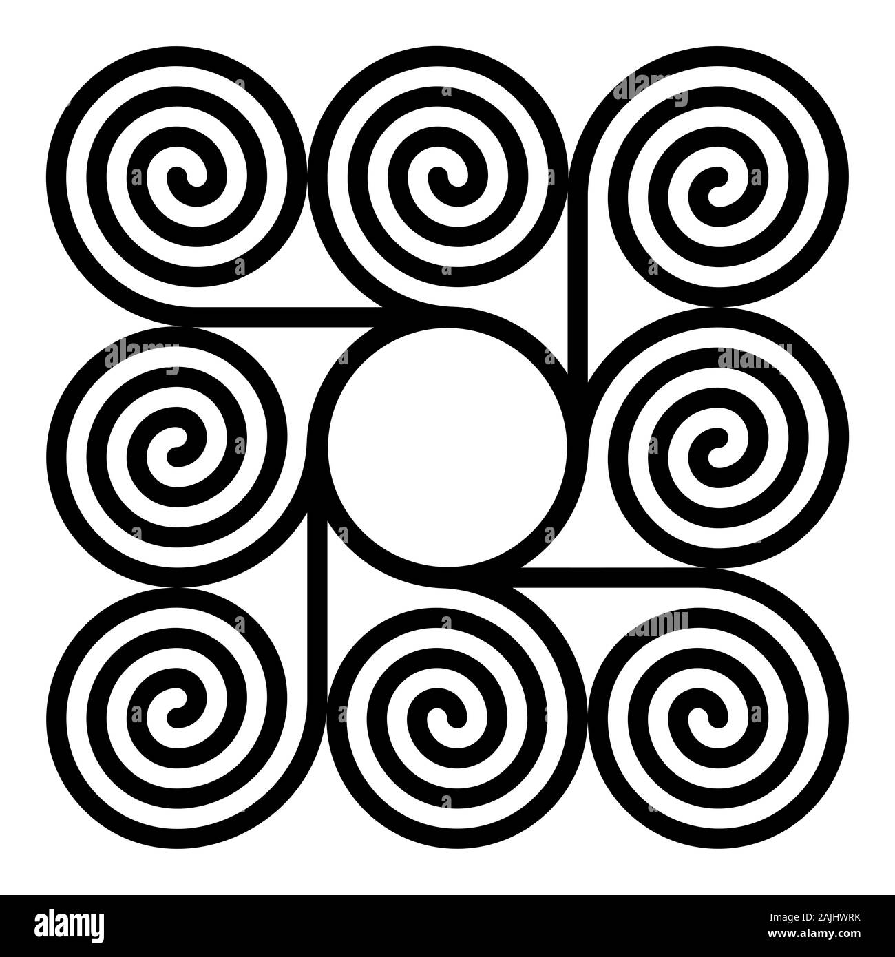 Acht arithmetische Spiralen um einen Kreis bilden ein quadratisches Muster. Archimedische Spiralen der gleichen Zeitabständen mit einem Kreis in der Mitte verbunden sind. Stockfoto