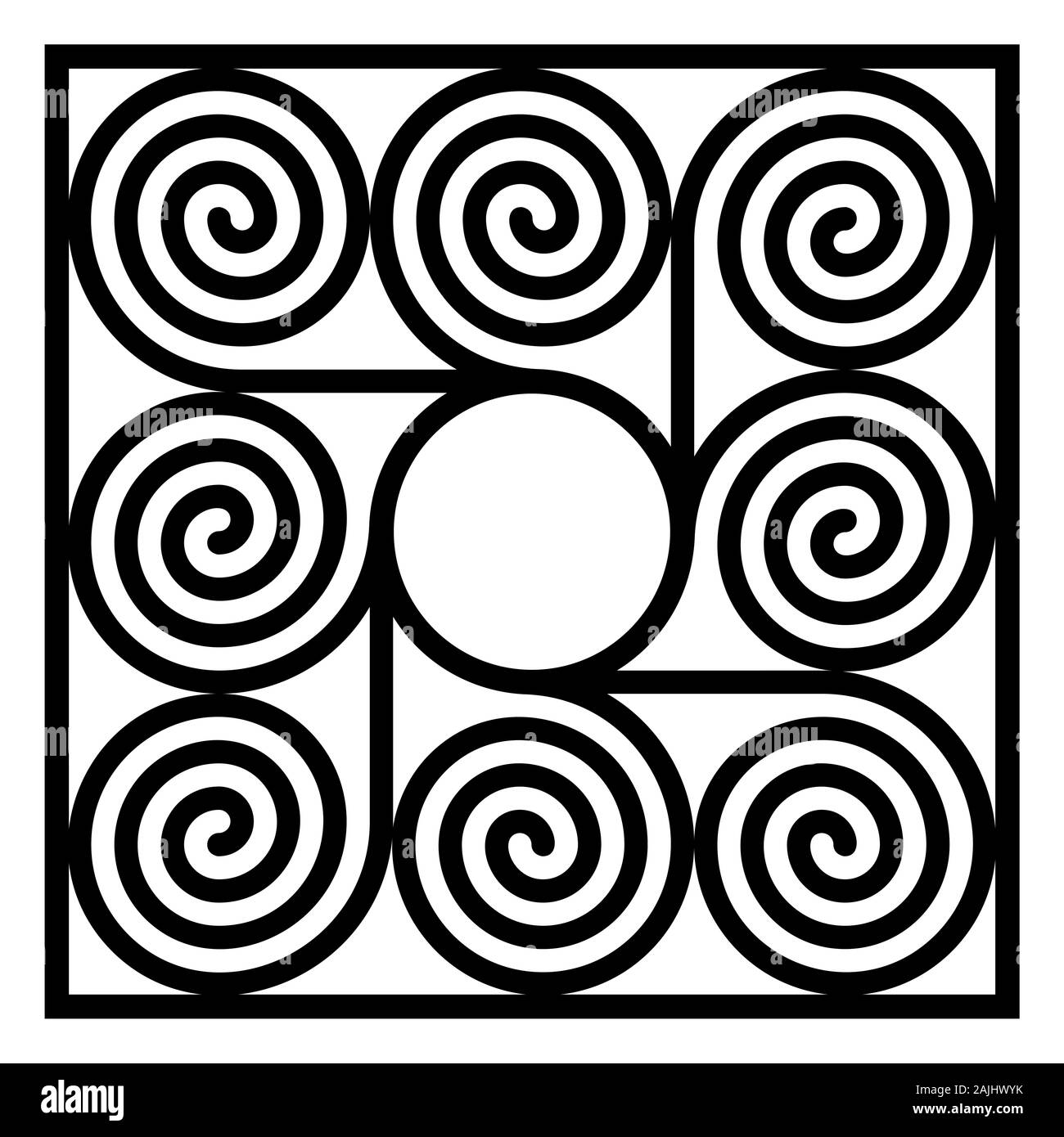Quadratische Kachel von acht arithmetische Spiralen um einen Kreis. Muster der Archimedischen Spirale der gleichen Zeitabständen mit einem Kreis verbunden. Stockfoto
