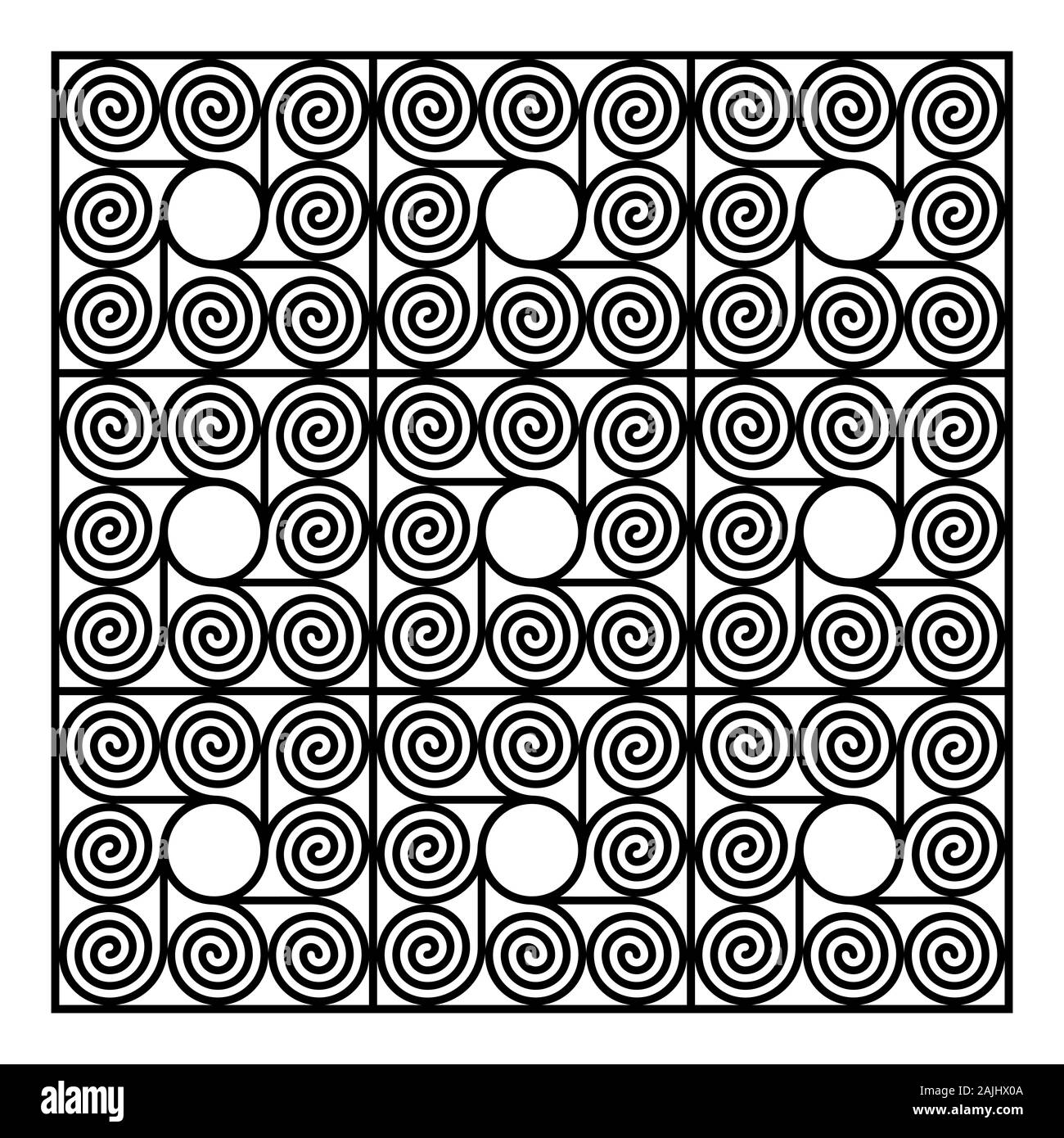 Hintergrund der neun quadratische Fliesen, aus acht arithmetische Spiralen in einem Kreis. Muster der Archimedischen Spirale der gleichen Abständen. Stockfoto