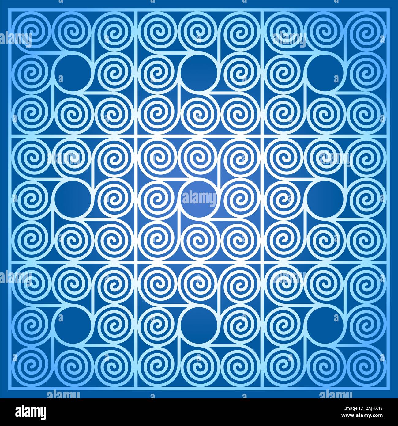 Blauer Hintergrund von neun quadratische Fliesen, aus arithmetischen Spiralen in einem Kreis. Muster der Archimedischen Spirale der gleichen Abständen. Stockfoto
