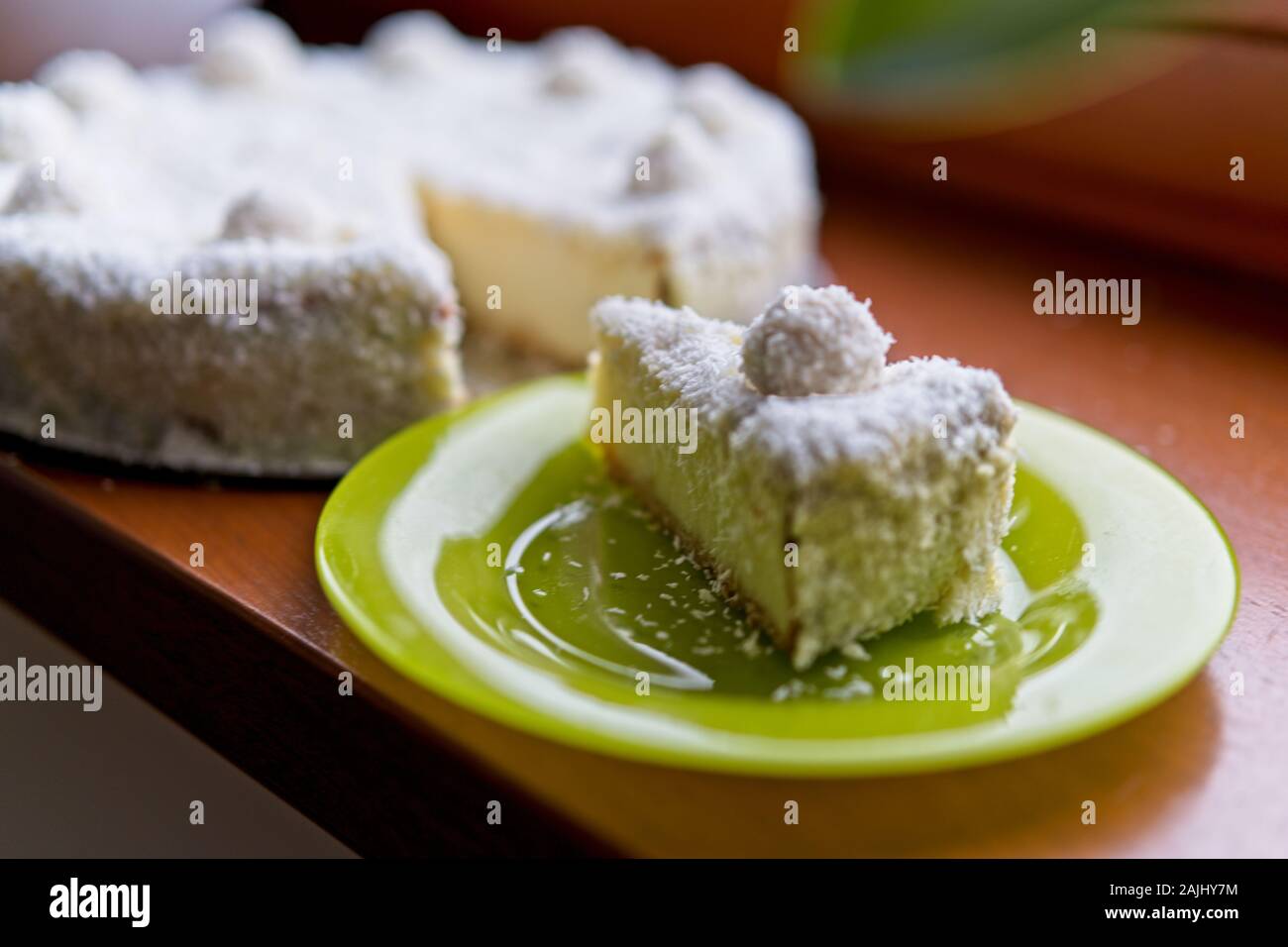 Köstlich cremiger Kokosnuss Käsekuchen Stockfoto