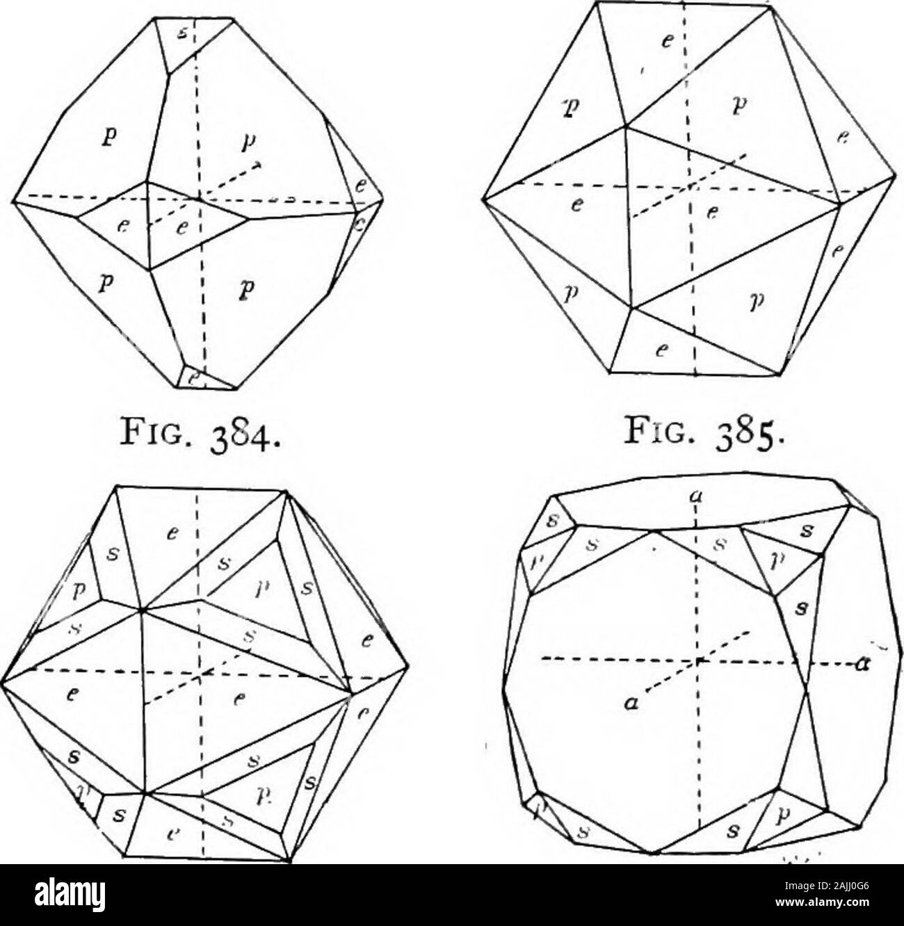 Elemente der Mineralogie, Kristallographie und blasrohr Analyse von einem praktischen Standpunkt aus.. . Abb. 386. Kristallisation. - Isometrische, Klasse von diploiden, s. 20. Die meisten com-mon-Formen sind Cube a, Abb. 377, und pyritohedron e, Abb. 378, a: 2a: &Lt;xa oder Kombinationen dieser, Abb. 380. Die octahedronalso Auftritt allein, Abb. 379, oder in Kombination mit a und e, Feigen. 381, 382, 383 und den diploiden j=": |": 3 (2 ist nicht selten in den Kombinationen, Feigen. 384, 385. Twinning parallel zur dodecahedral Gesicht wie beschrieben, S. 66, häufig ist, Abb. 386. Die Flächen des Würfels und pyritohedron sind häufig gestreift in Stockfoto