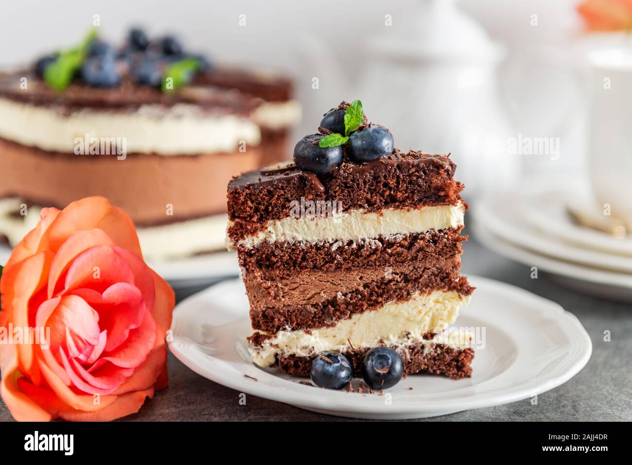 Die belgische Schokolade 2-in-1-Torte. Schichten von feuchten choco Schwamm, Vanillecreme und nachsichtige dunkle Schokoladenmousse glasiert mit reichen dunklen Schokolade Sauce und Hand mit frischen Blaubeeren eingerichtet Stockfoto